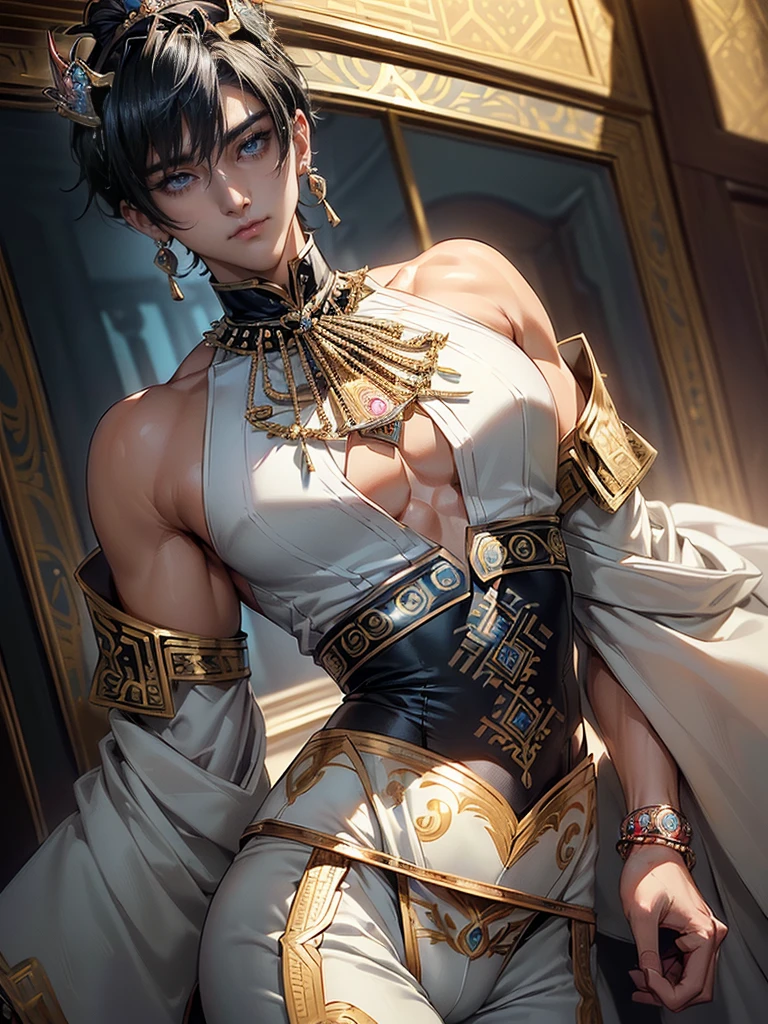 absurdres, highres, ultra detailed, HDR, master piece, best quality, extremely detailed, Dabi, black hair, expressive turquoise eyes, Boku No Hero Academia, solo, sexy man, handsome, smile, sensual, toned chest, bare chest, fantasy, room, sparkling, silver glittering fireflies, silver blossoms, silver chrysanthemums, silver sparkling lights, starry sky, magical
