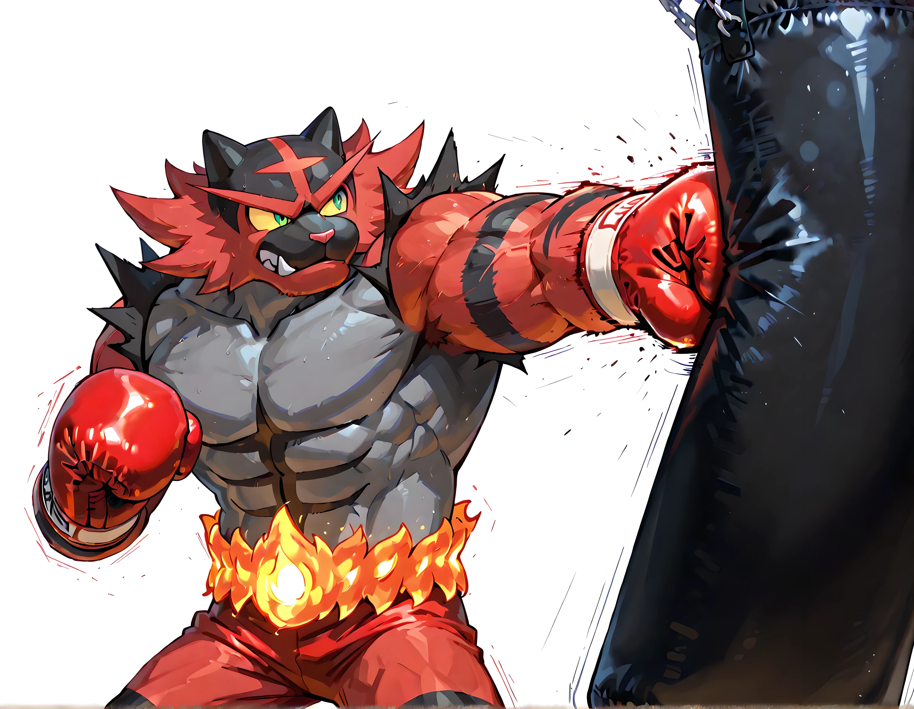 incineroar, high quality, male, solo, white background, no background, wearing black boxing_gloves, pov_boxing, thick arms, punching bag, boxing gloves, punching, boxing, training, exercising, outstretched arm