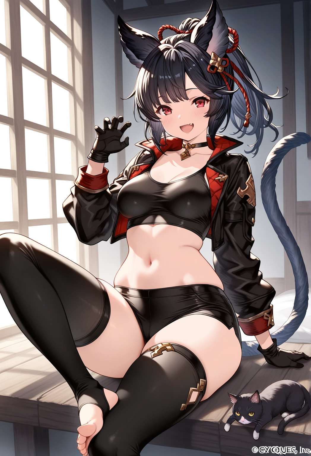 1 girl, high quality, bob hair, black hair, forehead, green eyes, medium breasts, white leotard,(straps on thighs), thick thighs, simple background, high gloves, stockings, cameltoe, cat tail, cat ears,((thong)), (lace:1.2), (big nipples:0.9)