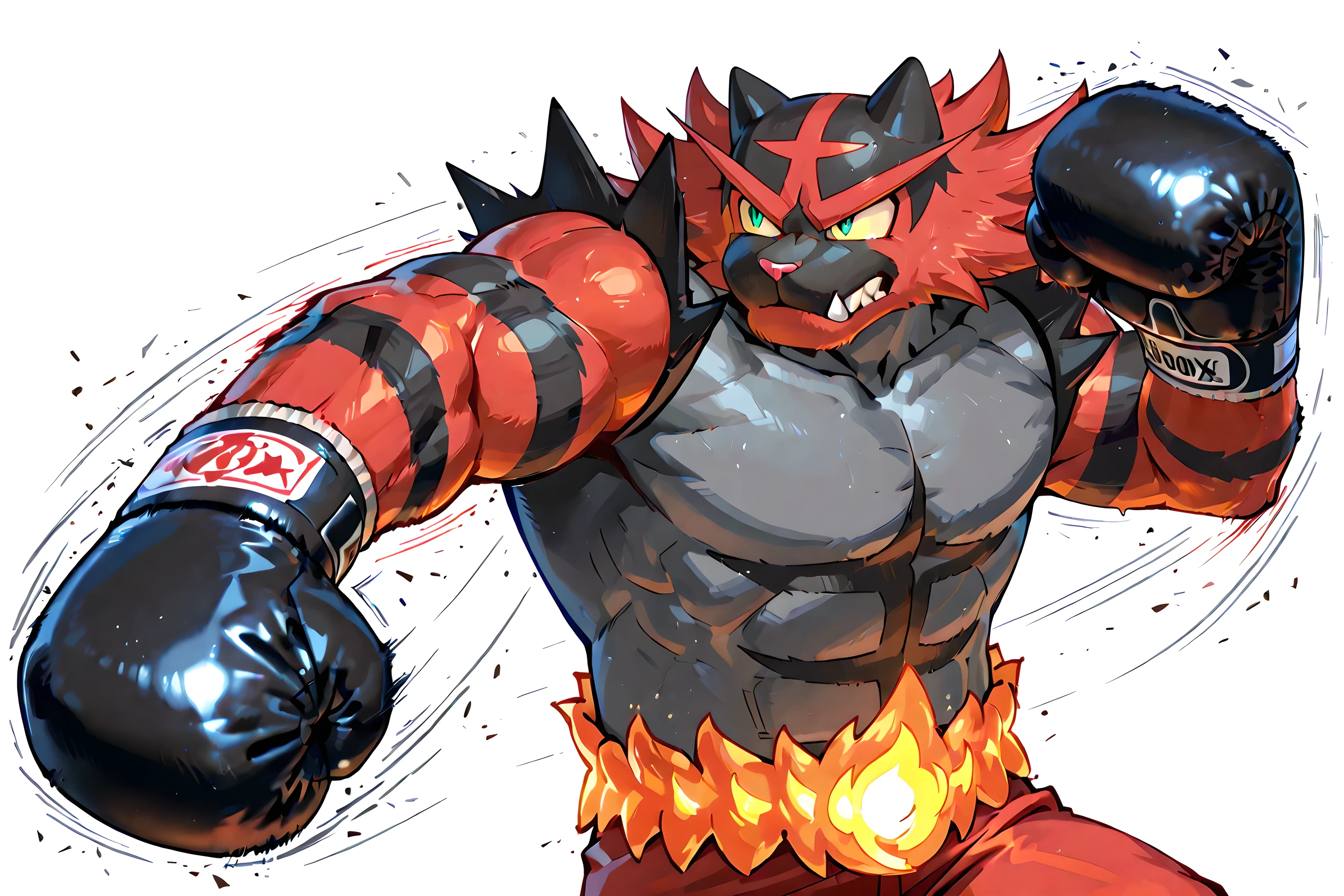incineroar, high quality, male, solo, white background, no background, wearing black boxing_gloves, thick arms, boxing gloves, punching, boxing, training, exercising, outstretched arm