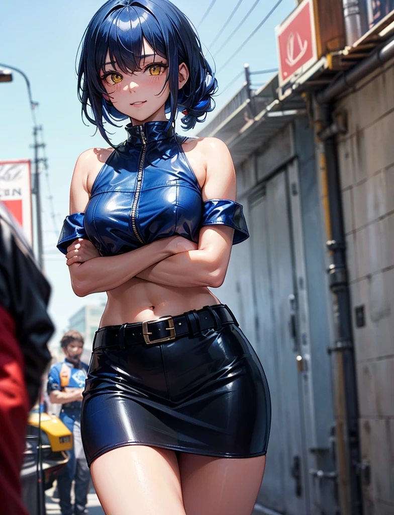 Beautiful woman is shown to have a athletic figure, she is wearing a beautiful nsfw dress, (aafranziska, light blue hair:1.5), ascot, (crop top), puffy sleeves, pencil skirt, pantyhose, black gloves, jewelry, earrings, (black bunny ears:1.4), black lips, (tears:1.4), girl standing in street, (looking down:1.4), sexy session, (arms behind back:1.7), exposed cleavage, (abs), cowboy shot, superior quality, many details, realistic