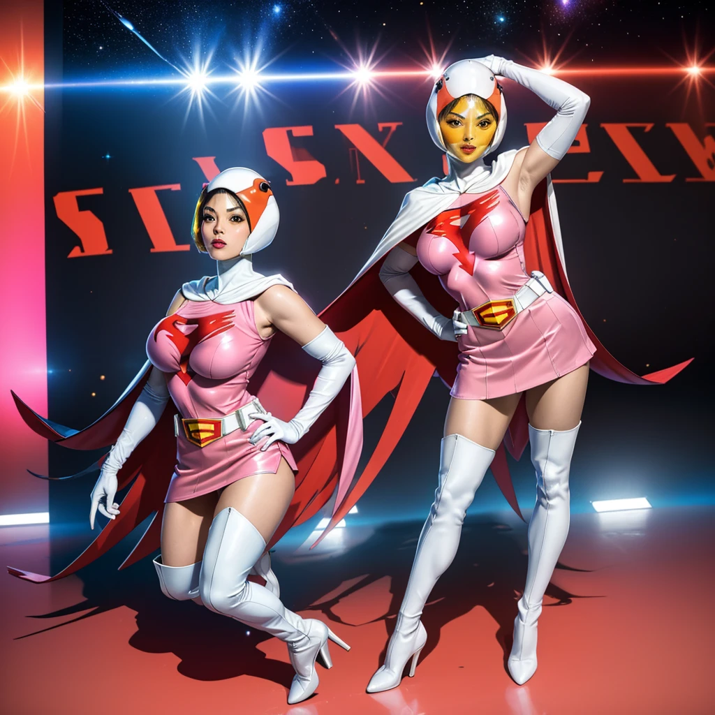 ANI_CLASSIC_jun_gatchaman_ownwaifu,1girl, ,good anatomy, masterpiece, best quality,realistic, hyperrealistic, 16k hdr,breasts,green eyes,lips,large breasts,lipstick,makeup,gloves,cape,helmet,belt,elbow gloves,white gloves,mask,ultra miniskirt,leotard,spacesuit,white tight overknee highheels boots,pink dress,superhero,bodysuit,cleavage,erected nipples,((standing pose,spread legs, arms up straight)),cameltoe