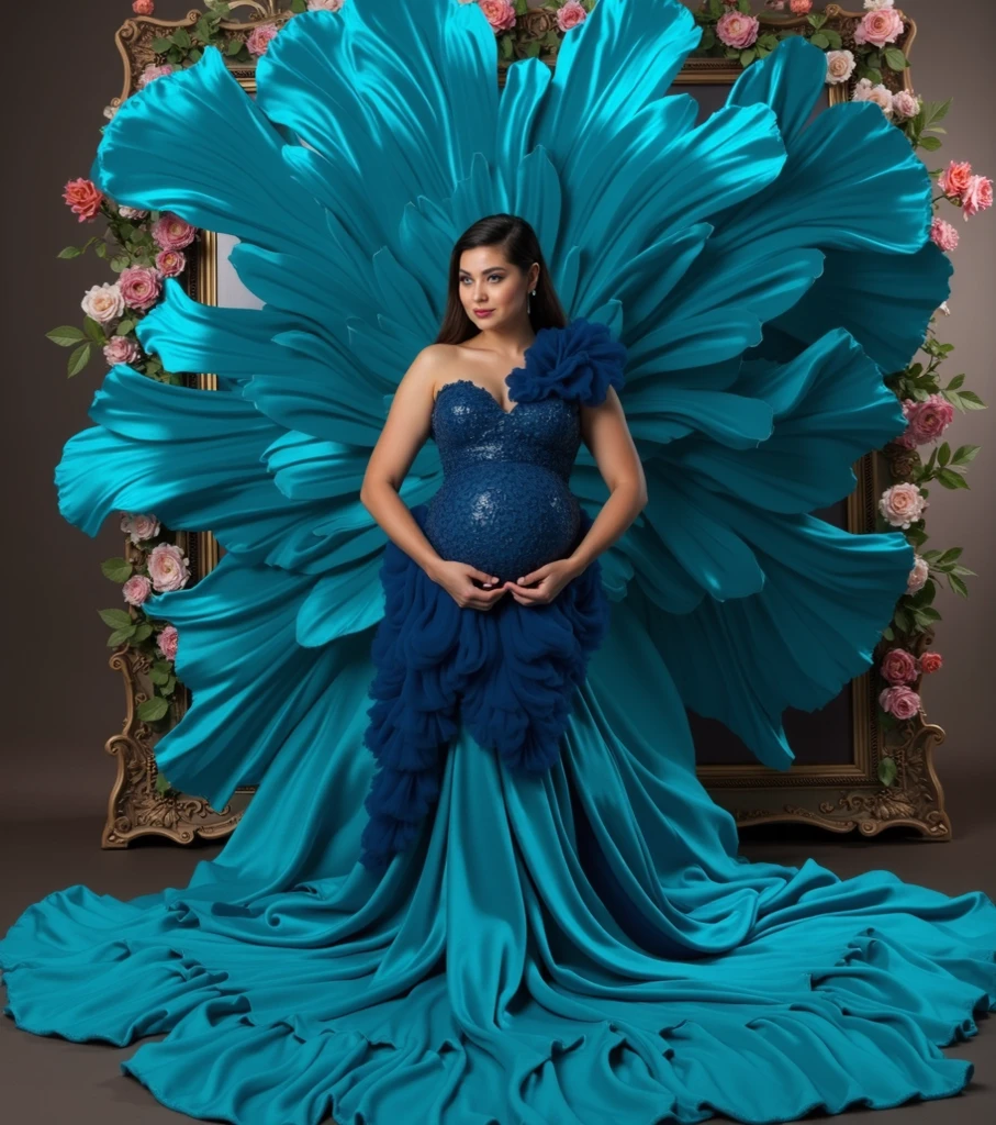 pregnant woman in purple dress posing in front of floral backdrop, draped in purple, maternal photography 4 k, draped in velvet and flowers, draped in silky purple and gold, award winning studio photo, draped in purple and gold silk, garbed in a purple gown, full body portrait shot, full body photoshoot, jacqueline e, full length shot, wearing pink floral gown