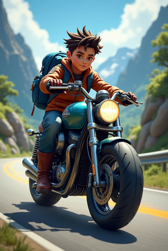 A very dynamic scene. Laughing European Boy, with shoulder-length curly white hair, wearing a leather flight helmet, 4, Riding a toy red airplane with a propeller. In the background below is a forest with beautiful autumn foliage and mountains, with lots of clouds around,. a closeup of a. Disney Pixar Style, Friendly and memorable appearance. Blurred background in motion. Light haze.