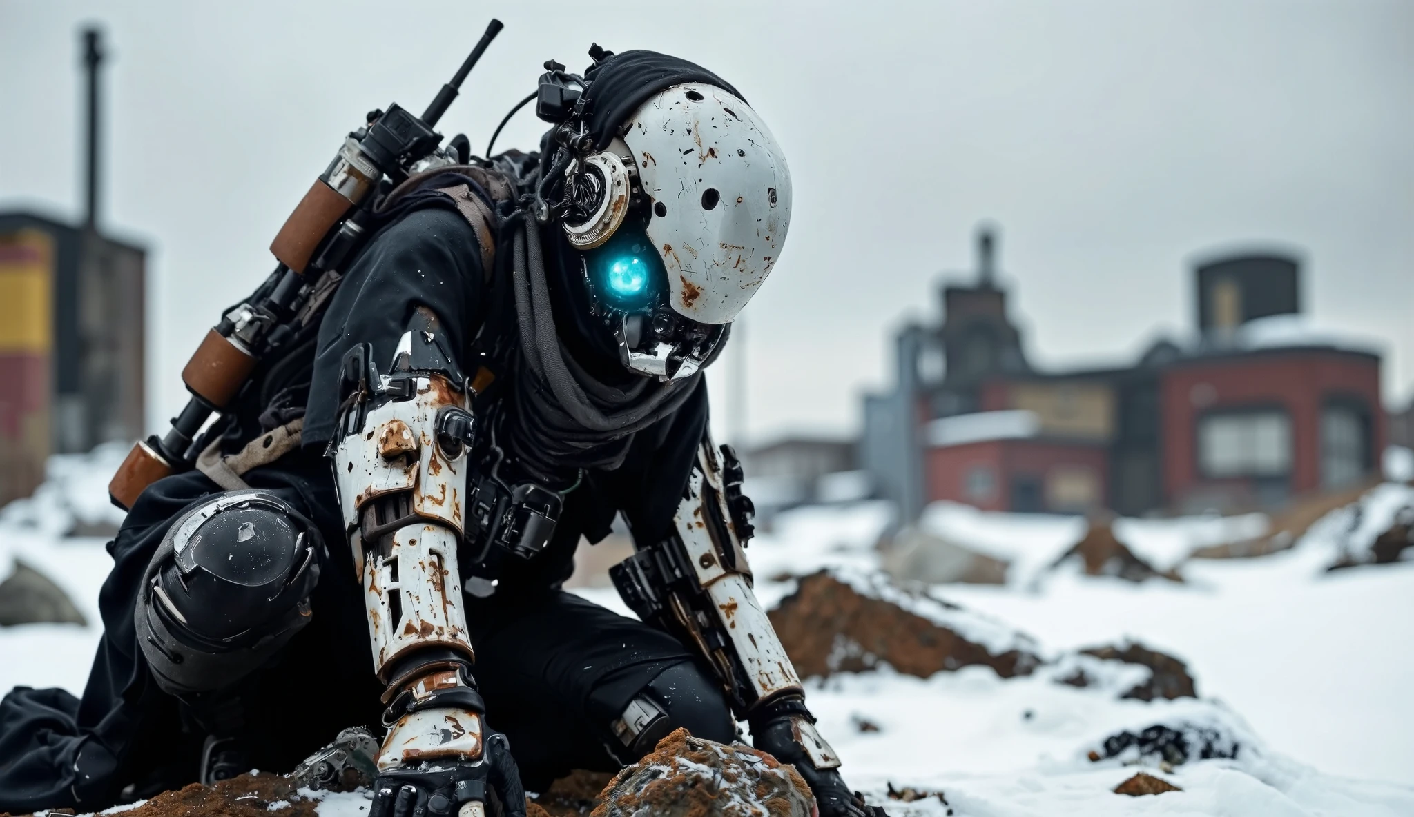 Recypu style, Cyberpunk highly detailed, high-resolution photograph. A futuristic, armored warrior crouching on a gritty,  desolate snow-swept plain. The subject's head is covered by a sleek, metallic  plain helmet  that obscures the face, giving an ominous, robotic appearance. The helmet is adorned with various sensors and neon blue flux core lights flowing, suggesting advanced technology. The warrior's body is clad in a full suit of advanced, high-tech armor, primarily made of a mix of metal and synthetic materials. The armor is heavily detailed with intricate circuits, joints, and mechanical components, indicating advanced robotics and cybernetics merge in biomechanical system. The suit is predominantly black with hints of dark gray and silver, and it is adorned with various pouches, straps, and utility belts, suggesting a high level of tactical gear. The warrior's left hand is extended forward, showcasing a complex, mechanical prosthetic with multiple fingers and advanced articulation. The right hand rests on the knee, also with a prosthetic that appears more organic, possibly biological. A machine gun with a brown handle is sheathed on the warrior's back, adding to the military aesthetic. The background shows an industrial, urban environment with blurred, metallic structures and a gray sky, emphasizing the gritty, post-apocalyptic setting. The overall mood is intense and futuristic. sentinelbot. apoclypse
