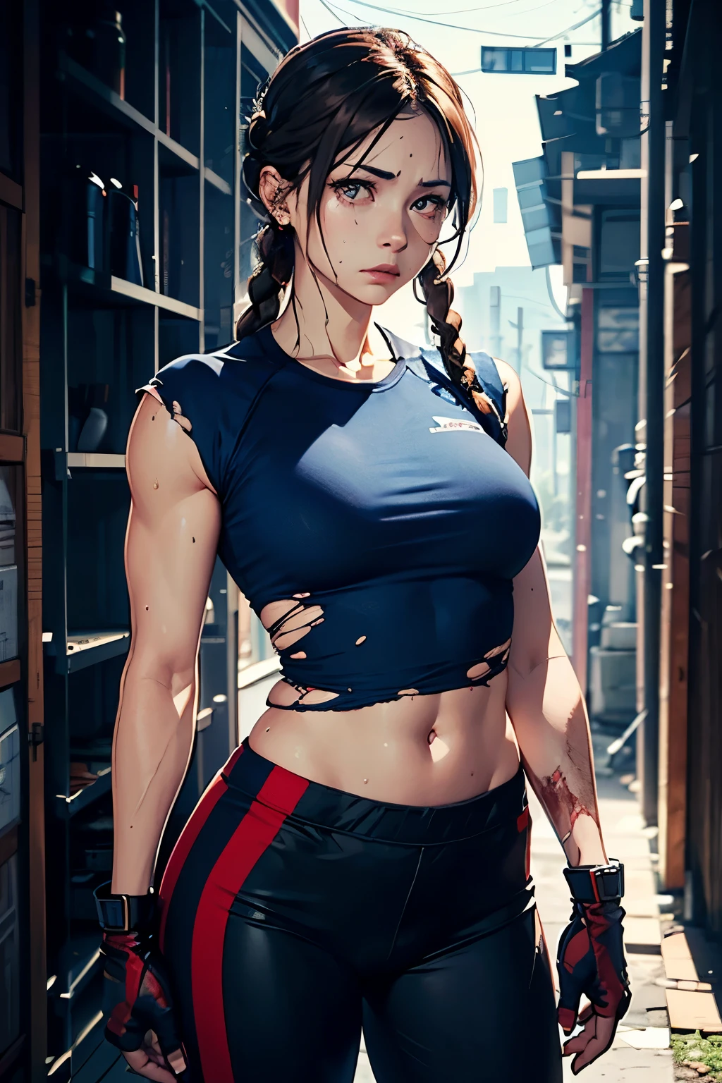 gwen tennyson,1girl,tracer,jill valentine, rebecca chambers,overwatch,resident evil,close up,mecha pilot,body paint, haunted forest,tattoos,blue and gray plugsuit,hair pin,steel short sleeve silk top,steel cargo pants,uncovered belly, short hair,cute makeup,green eyes,red and gold hair,shy smile,freckles, redhead,beautiful girl,large breasts, ultra detailed,realistic,fantasy art, military uniform,steel armor,haunted lab,moonlight,police uniform,pilot jacket, ((masterpiece)), high quality, very_high_resolution, large_filesize, full color, heavy outline, clear outline, colorful, (beautiful detailed eyes), (beautiful face:1.3), (boyish face), 1 girl, (femaleranma), (red hair), short hair, (braided ponytail), ((bangs)), bumpy bangs, blue-gray eyes, big breasts, curvy, black-wristbands, femaleranma, braided ponytail, chinese clothes, sleeveless, tangzhuang, black pants, cameltoe, standing, upper body, front view, (8k, RAW photo, best quality, masterpiece:1.2), RanmaChan, RanmaRedShirt, blue pants (masterpiece, best quality:1.2), 1 girl, Solitary