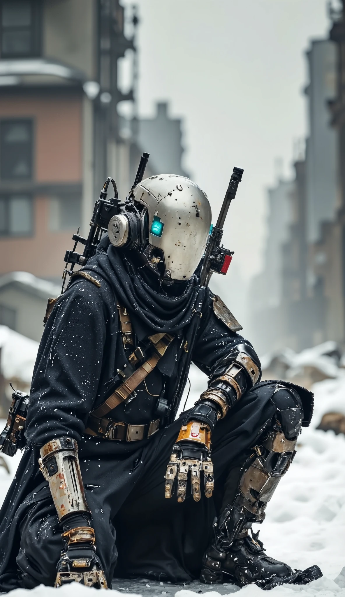 Recypu style, Cyberpunk highly detailed, high-resolution photograph. A futuristic, armored warrior crouching on a gritty,  desolate snow-swept plain. The subject's head is covered by a sleek, metallic  plain helmet  that obscures the face, giving an ominous, robotic appearance. The helmet is adorned with various sensors and neon blue flux core lights flowing, suggesting advanced technology. The warrior's body is clad in a full suit of advanced, high-tech armor, primarily made of a mix of metal and synthetic materials. The armor is heavily detailed with intricate circuits, joints, and mechanical components, indicating advanced robotics and cybernetics merge in biomechanical system. The suit is predominantly black with hints of dark gray and silver, and it is adorned with various pouches, straps, and utility belts, suggesting a high level of tactical gear. The warrior's left hand is extended forward, showcasing a complex, mechanical prosthetic with multiple fingers and advanced articulation. The right hand rests on the knee, also with a prosthetic that appears more organic, possibly biological. A machine gun with a brown handle is sheathed on the warrior's back, adding to the military aesthetic. The background shows an industrial, urban environment with blurred, metallic structures and a gray sky, emphasizing the gritty, post-apocalyptic setting. The overall mood is intense and futuristic. sentinelbot. apoclypse