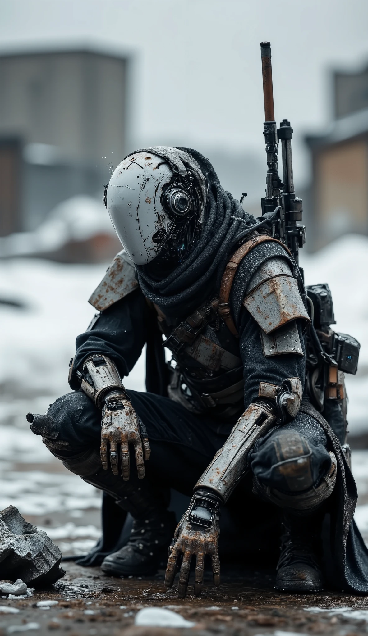 Recypu style, Cyberpunk highly detailed, high-resolution photograph. A futuristic, armored warrior crouching on a gritty, desolate snow-swept plain. The subject's head is covered by a sleek, metallic plain helmet that obscures the face, giving an ominous, robotic appearance. The helmet is adorned with various sensors and neon blue flux core lights flowing, suggesting advanced technology. The warrior's body is clad in a full suit of advanced, high-tech armor, primarily made of a mix of metal and synthetic materials. The armor is heavily detailed with intricate circuits, joints, and mechanical components, indicating advanced robotics and cybernetics merge in biomechanical system. The suit is predominantly black with hints of dark gray and silver, and it is adorned with various pouches, straps, and utility belts, suggesting a high level of tactical gear. The warrior's left hand is extended forward, showcasing a complex, mechanical prosthetic with multiple fingers and advanced articulation. The right hand rests on the knee, also with a prosthetic that appears more organic, possibly biological. A machine gun with a brown handle is sheathed on the warrior's back, adding to the military aesthetic. The background shows an industrial, urban environment with blurred, metallic structures and a gray sky, emphasizing the gritty, post-apocalyptic setting. The overall mood is intense and futuristic. sentinelbot. apoclypse