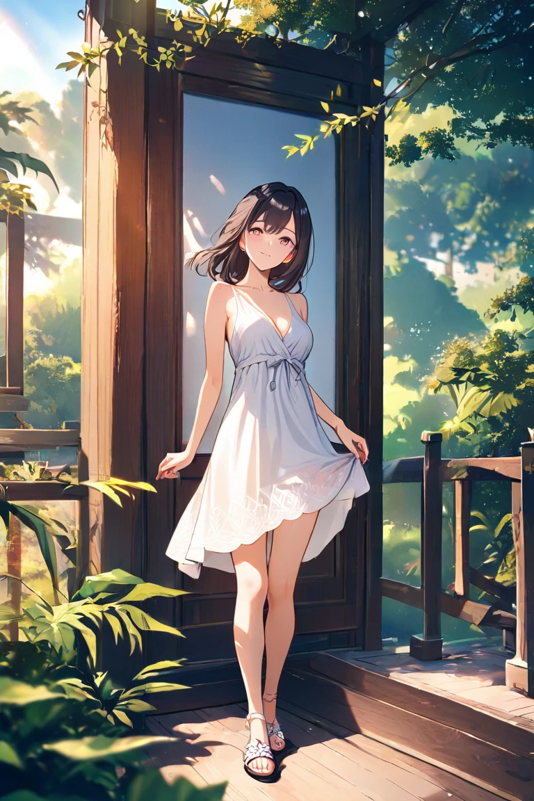 masterpiece, better quality, high detailed, beautiful delicate girl in tranparent nightie, completely naked under the nightie, visible under the nightie, long hair is over the shoulder, the wall is decorated with a jar of flowers, the house is full of plants. Sunlight shining on flowers, full body photos, barefoot, now