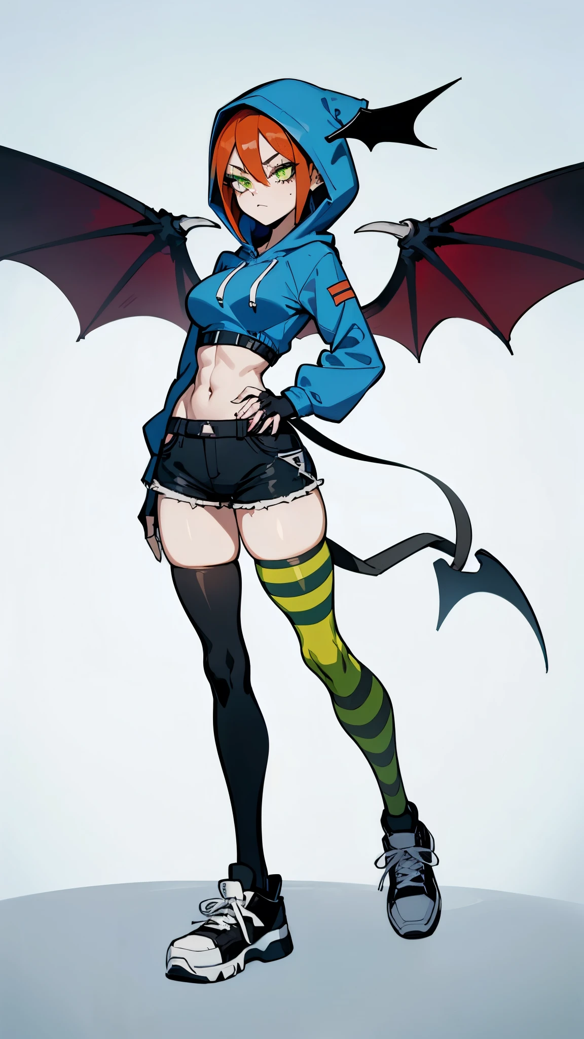 (My Hero academia Style), (Goth Girl), (Foster's Hole For Imaginary Friends), (1girl), (blue short sweatshirt), (black mini shorts), (green and black striped thigh-high socks), (redhead with yellow at the tips), (hood up), (eye shadow), (green eyes), (classic black sneakers), (exposed abdomen), abs, (black fingerless gloves), (bat wings on the back), (bat wings), (wings on the back), (wide hips), (wide thighs), (medium breasts), (slim waist), (wide hips), (medium thighs), (Full body photo:1.5), (perfect anatomy), (perfect hands), (super detailed), (Devil's Tail), (Athletic Body),