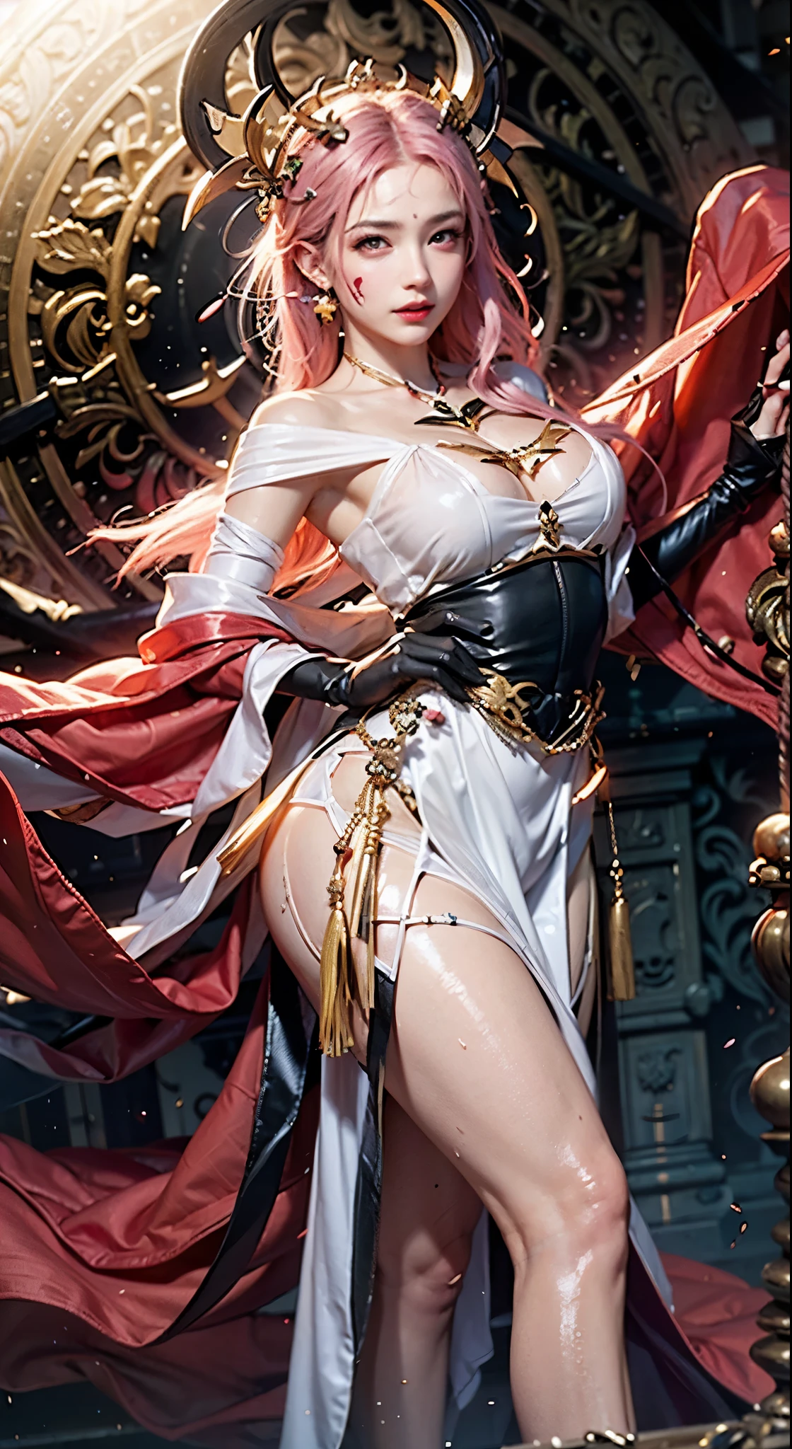 16K, Ultra High Definition, Super detailed, Shiny detailed hair, detailed face, fantasy landscape, solo, looking at viewer, {{best quality}}, {{masterpiece}}, {{ultra-detailed}}, {detailed light}, ultra high quality eyes, detailed eyes, perfect eyes, large eyes, detailed yellow eyes, beautiful lips, red and white hair, short and long hair, golden decorations in the hair, beautiful, curvy body, white skin, slutty, erotic, suggestive, fire style, tattoos below the neck, ((nsfw))