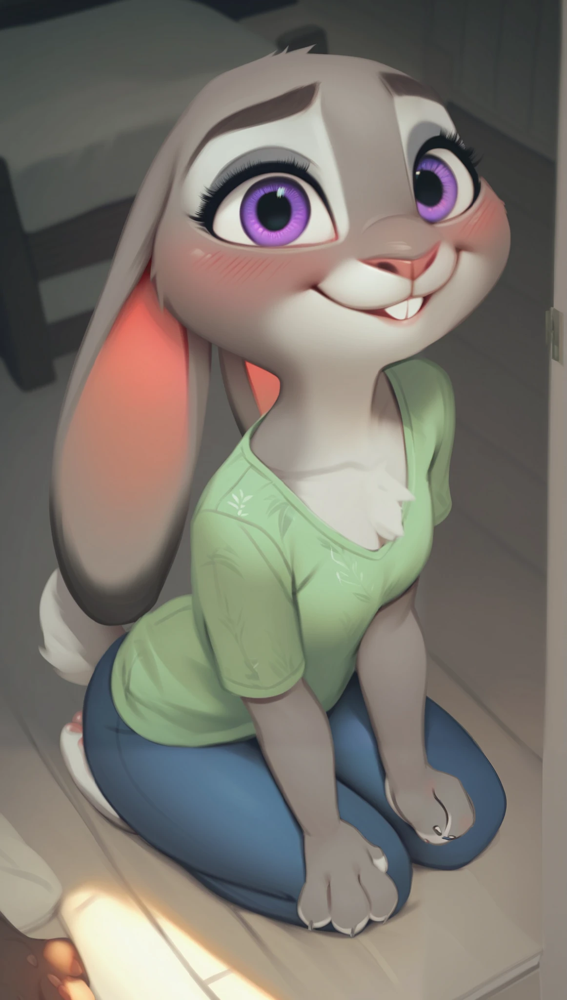 score_9, score_9_up, score_8_up, score_7_up, score_6_up, score_5_up, source furry, anthro, Long exposure photo of Hyperrealistic art anthro, judy hopps, detailed two tone grey fur body with white chest, grey lagomorph feminine beautiful face, fully in view, kneeling, solo, fully clothed, nsfw, buckteeth, smiling, blushing, birds eye view shot, indoors in bedroom with romantic lighting, animal feet with pawpads, 