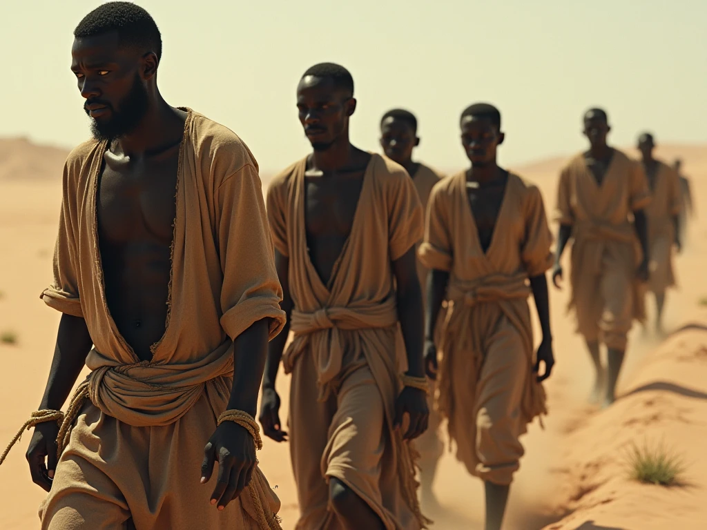 Five half-naked African slaves tied with a rope, descendant un escalier, grandes souffrance, tristesse dans les yeux, corps entier nu, no clothe, pas de coiffe, cheveux noirs, Dynamic scene from the movie Amistad, looking at the 50mm camera, Realistic photo HD, Diffuse light, Rebel Republic Environment, , hyper detailed, Whole size