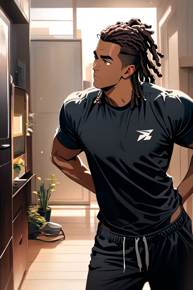 A black guy with a red armless shirt 