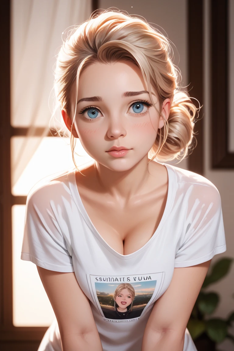 (best quality), big head, (1girl blonde with gigantic breasts:1.2) in a short with tee shirt at home