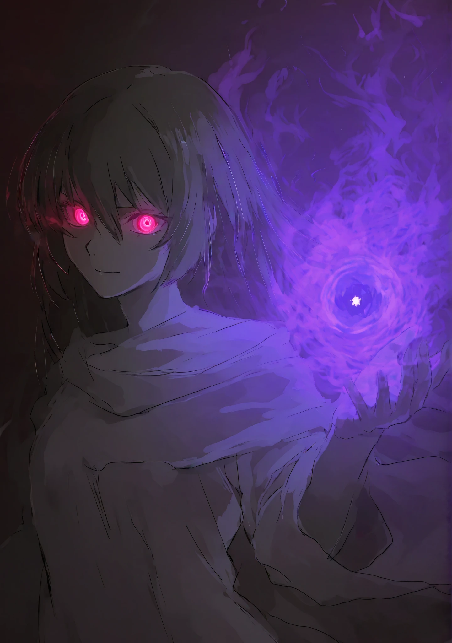 upper body of arcane mage woman, glowing iridescent runes, casting spell, purple hair and glowing eyes, naked, topless, (small breasts), black background, dark atmosphere, shout, ritual