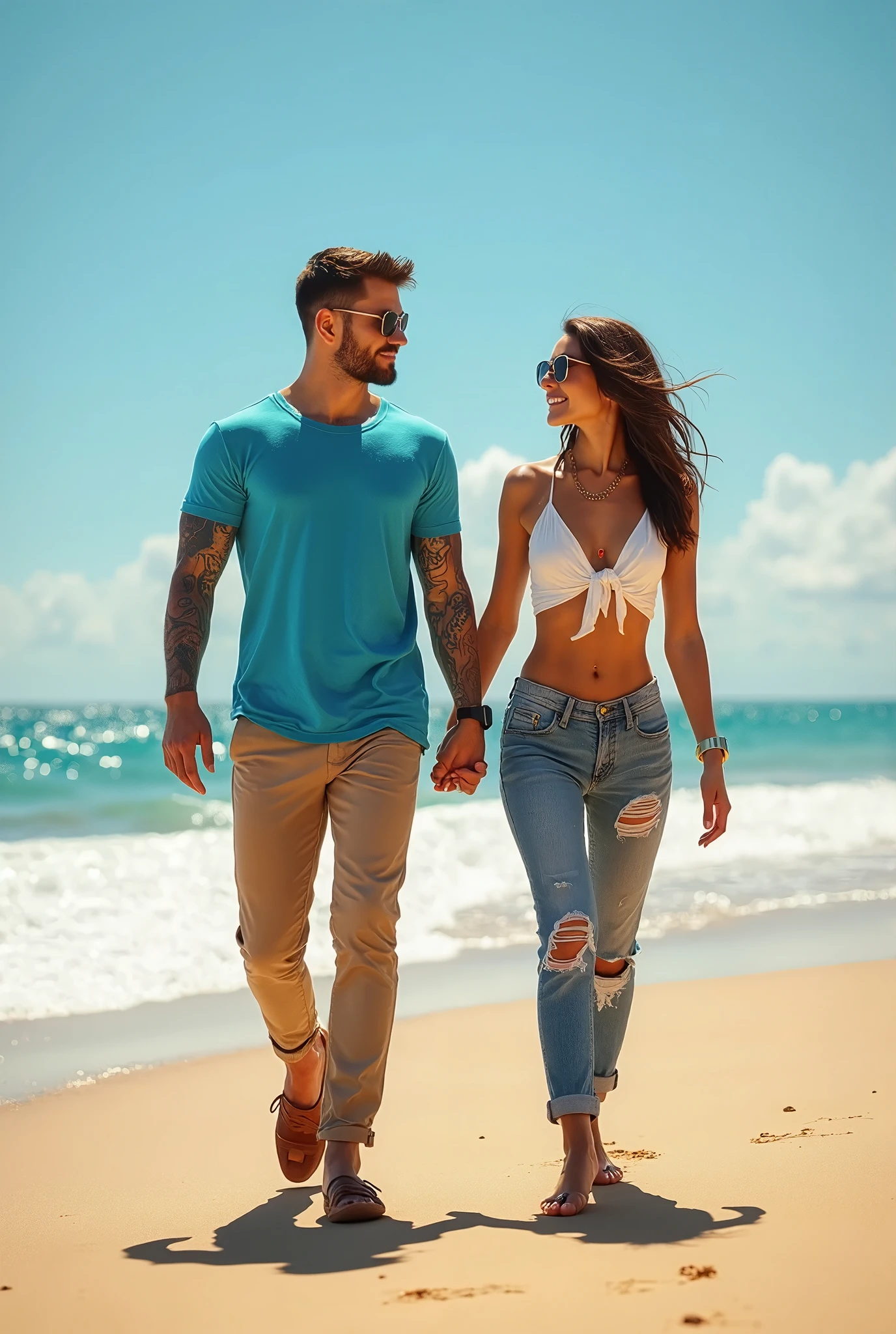 - **Scenario**: paradisiacal landscape, like a white sand beach with crystal clear waters and palm trees in the background.
- **couple**:
- **Woman**:
- **Appearance**: slim, medium wavy hair.
- **vestimentas**: sleeveless blouse, fluid and flat palazzo pants.
- **Accessories**: Sunglasses and a small bag on the side.
- **Position**: Embraced by the man.
- **naughty man**:
- **Appearance**: taller than the woman, muscled body, visible tattoo on one of the arms, and a charming smile.
- **vestimentas**: Denim shorts and a simple sleeveless top.
- **Position**: Hugging the woman.