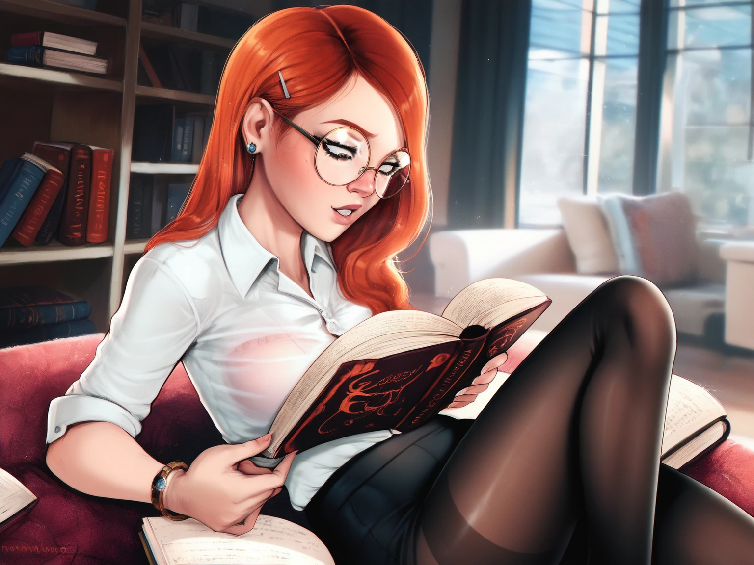 female furry anthro sylvia, librarian, (best quality, masterpiece:1), glasses, holding book, sexy pose, nude, medium breasts, looking at viewer, (indoors library background:1.1), (open shirt:1.2), black skirt, <lora:sylvia-v2-locon:1>