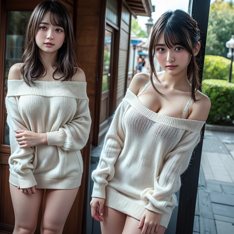 pieces fly, highest quality, ((highest quality、8K、masterpiece:1.3))、ultra high resolution、Physically based rendering、(realistic:1.37)、完璧な体の美しいtwo women:1.4、slim abdomen:1.2、Highly detailed face and skin texture、 red cheeks、white skin、thin waist,thin legs、highest quality,Super detailed,masterpiece,very beautiful 12 year old girl, (cute:1.2),perfect shiny skin,perfect skin,((Accurate hand without discomfort)), (brown hair),(short bob hair),(((lower body nude)))、((Long-sleeved white knit sweater with open neckline))、((big breasts))、smile、((Valley overlooking the waterfall))、(((No panties)))、(((I can see pubic hair)))、(((two women)))