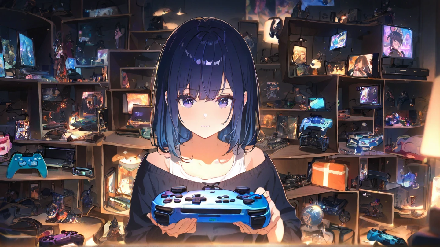 An anime girl with long dark blue hair, When gaming with a gamepad