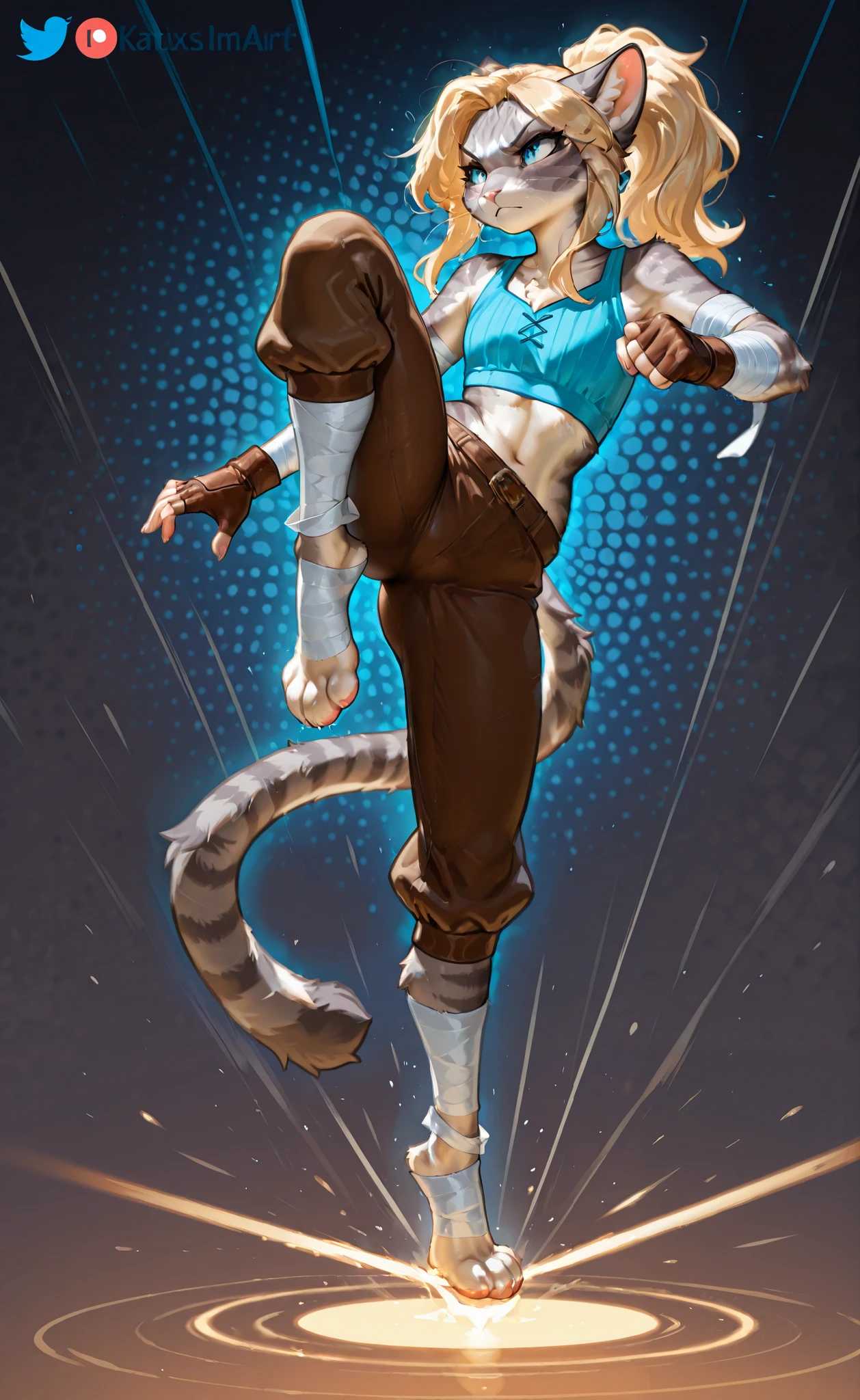 masterpiece, best quality, amazing quality, high resolution, absurdres, newest,         solo, countershading, katxl ,adult cat female,  Anthro furry feline cat girl, blue eyes, grey striped fur, striped tail, blonde hair, ponytail, side locks, small chest size, wearing blue sleeveless crop top, midriff, brown fingerless gloves, brown monks pants, hands and feet wrapped in bandaged, feet paws, four toes,  clenched fists, fighting pose, balancing on one foot, serious expression, abstract background 