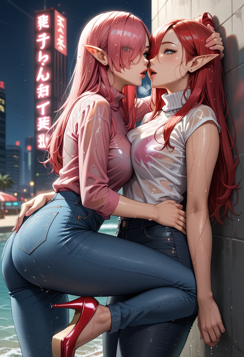 work of art, woman 4, dynamic, kpopIDOL, promo photo, raise your hand, scream out, Kiss, face close, city center, toil, impressive eyes, Thin skin texture, confident haha, Aerial view, strabismus, strabismus, strabismus, high resolution, Pro photo, corner of the street, crotch, Pink, transparent bra, bikini, searchlight, cantor de rock, Rainbow hair,, へそ, slickedback hair, hands in pockets, earbuds, long hair, tatoo