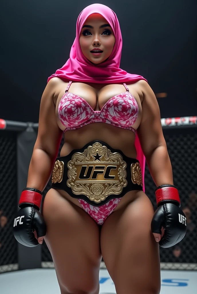 Full body photo of BUSTY YOUNG MATURE MILF AISHWARYA RAI as SEXY MMA FIGHTER, ((smirking face)), black gym bikini, tank top, ((wearing hijab)), ((navel piercing)), (((seductive posing in MMA ring))), FIGHT CLUB NIGHT scene, healthy mature hourglass figure, (((big breasts with cleavage))), look straight at camera, ((sexy transgender)), ((lesbian)), ((big penis))soft volumetric lights, intricate details, (ArtStation:1.2)