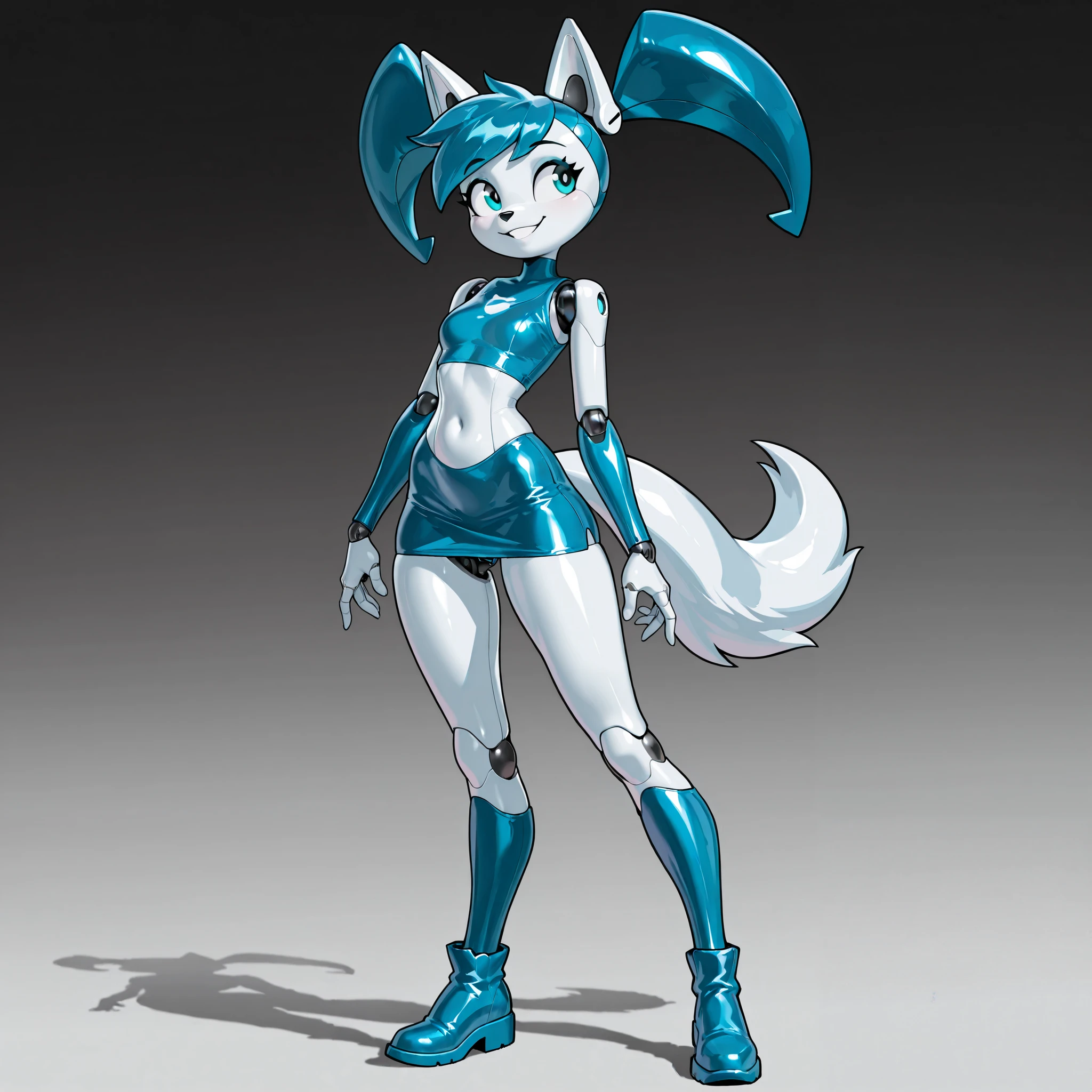 Solo, score_9,score_8_up,score_7_up, solo, Anthro, Jenny Wakeman from my life as a teenage robot, female, (she is an anthropomorphic wolf girl, wolf snout, black nose, wolf tail):1.3, android, metal blue pigtails, white wolf ears, synthetic white skin, android joints, synthetic hair, synthetic body, wearing latex blue crop top, blasted blue micro skirt, barefoot, feet paws, four toes, mechanical leg and feet joints. standing, eyes half open, smiling, looking away,