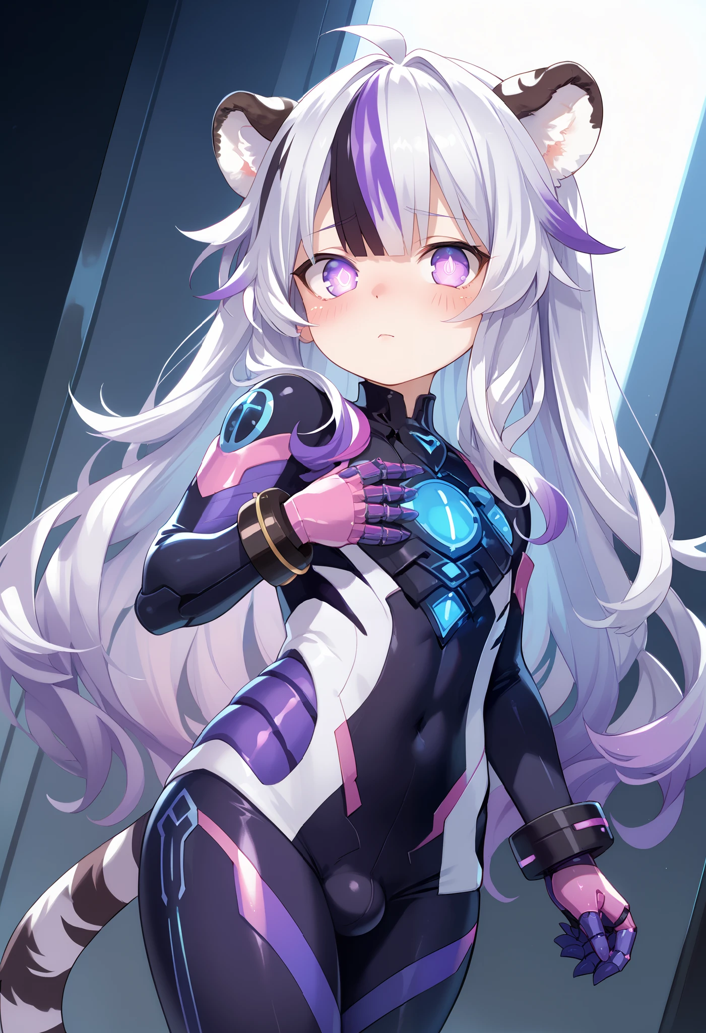 1boy, solo, long hair, white hair, dark purple hair, multicolored hair, white tiger ears, white tiger tail, glowing eyes, purple eyes, shy, blush, young, very young, shortstack, femboy, purple clothes, black clothes, multicolored clothes, bracelets, cybernetic clothes, standing, looking at viewer, dutch angle, cowboy shot, front view.