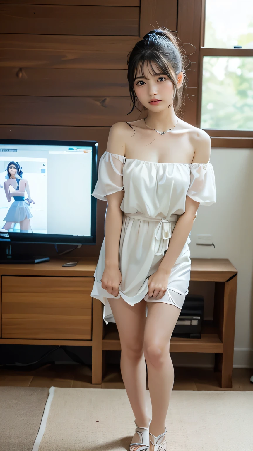 (8K, Photorealistic, Raw photo, Highest quality: 1.4),Beautiful woman in Japanese model style,1 person,24-years-old,(Short Bob),(Silver Hair :1.2),(Natural Waves),She has her hair tucked behind her ears,Clear grey eyes,Long eyelashes,(piercings(small)),(Lip gloss(red)),lips(Plump,glossy),thin long neck,necklace,ring,thin abdomen,(Off-the-shoulder dress((Long Length(Length to calf, covering thigh)),(Lace embroidery),(Layered),(fluffy skirt))),High heels,Small pouch,Large hotel party hall,Stand-up buffet,A large number of people(Woman in a dress)Background of the gathering,Smiling at the camera,Full body portrait
