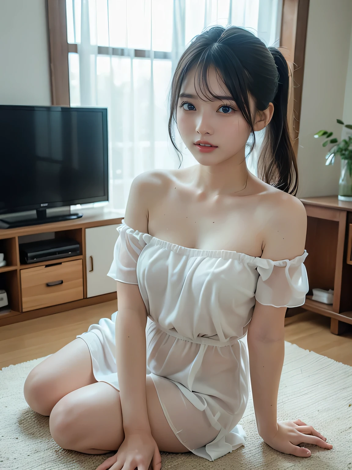 slim figure, camisole, full body, single girl, small bust, photo, realistic, best quality, adopted, detailed face, business hotel room window, building from window, detailed background, diffused sunlight, depth of field, bokeh