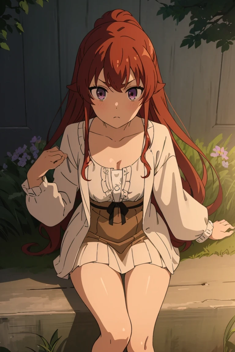 Eris,1 girl,red hair, blush , ,small breasts,wing collar,Open neckline, collared shirt , white shirt,brown cardigan sweater, Buttons ,Puffy long sleeves,Purple pleated mini skirt,white baggy socks, blue footwear, (( Squat , spread legs )), white panties,raise your arms, arms behind your head, You look like your feet