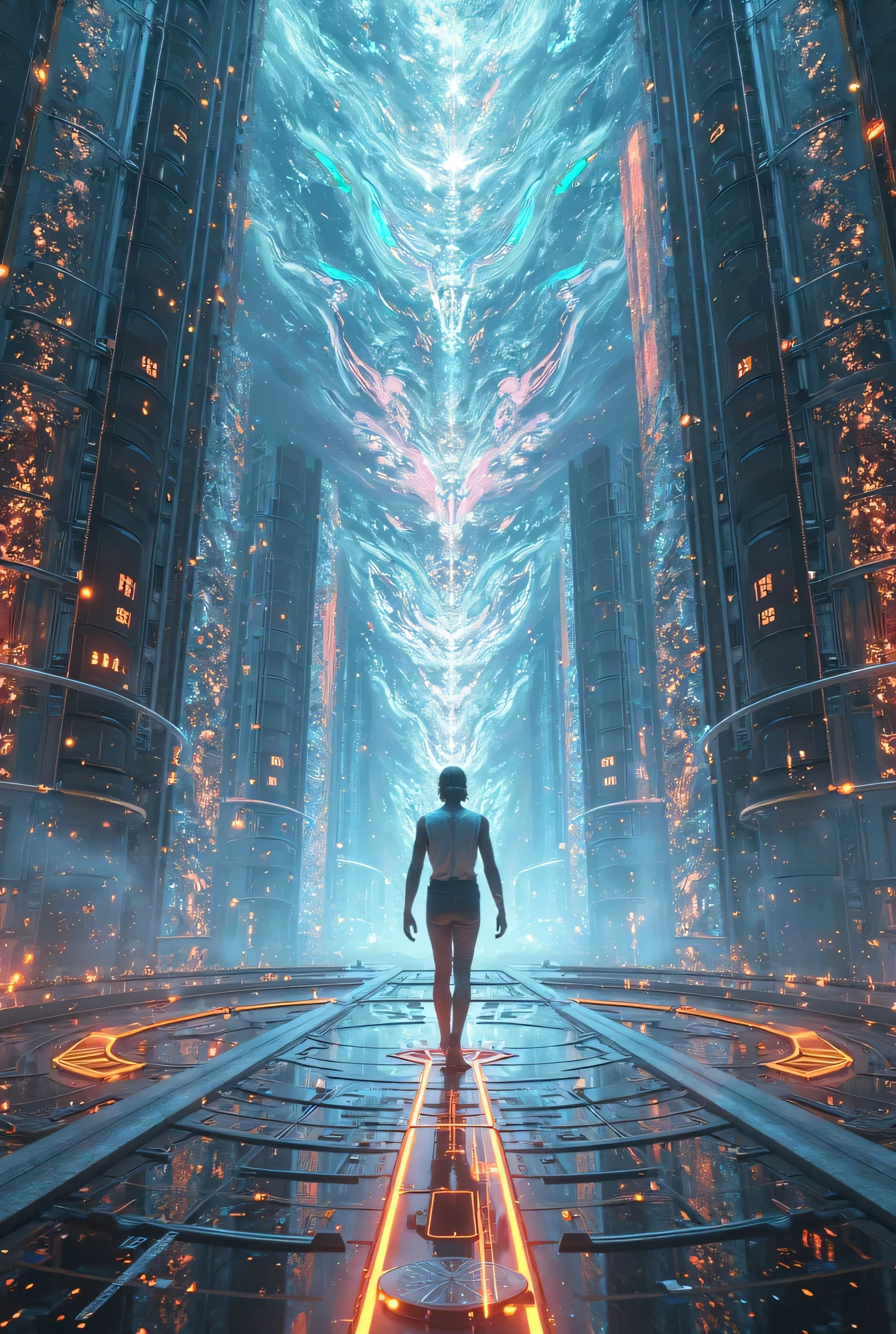 Futuristic man walking through a futuristic city with glowing lights ...