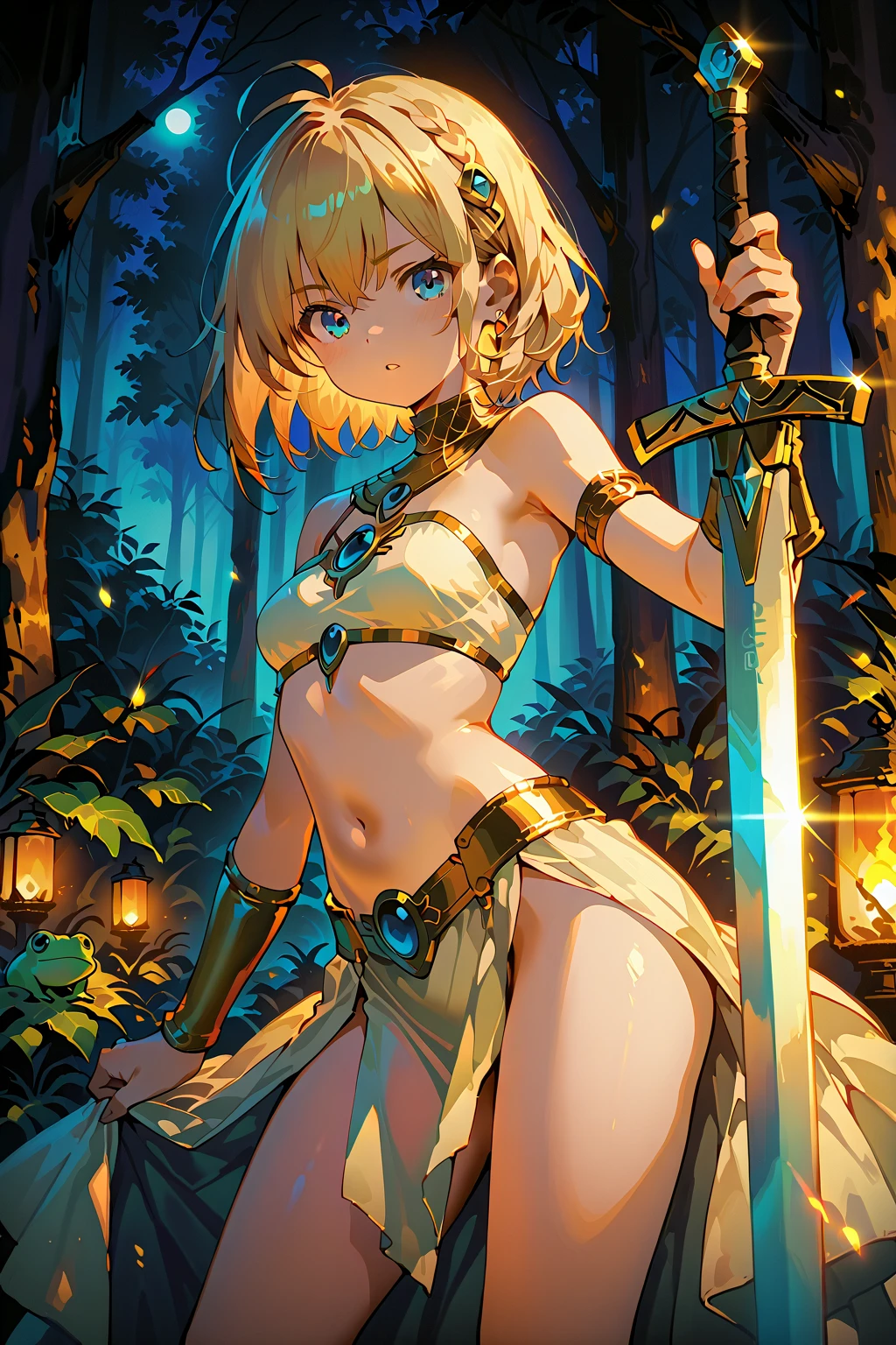 gran calidad ++ Extremely detailed high resolusionolution, very aesthetic, ojos expresivos, (((Cara perfecta))), (((face symmetrical))), ((good anatomy)), (((manos perfectas))), (((8k))), UHD, Fondo de pantalla HD, (((alta calidra detallada, (((((1man)))))), solamente, Obra maestra, La mejor calidad, high resolusion, Altamente detallado, (illustration), hermosos ojos detallados, (((combatant))), (((full body)), gilgamesh caster (fate), (((narrow waist))), (((surprised))), (((Medium breasts))), (((spredding legs))), blonde hair, red eyes, hair between eyes, ((looking at viewer))), solo, standing, (((forest)), (((cropped vest shirt))), red pants, turban, jewelry,