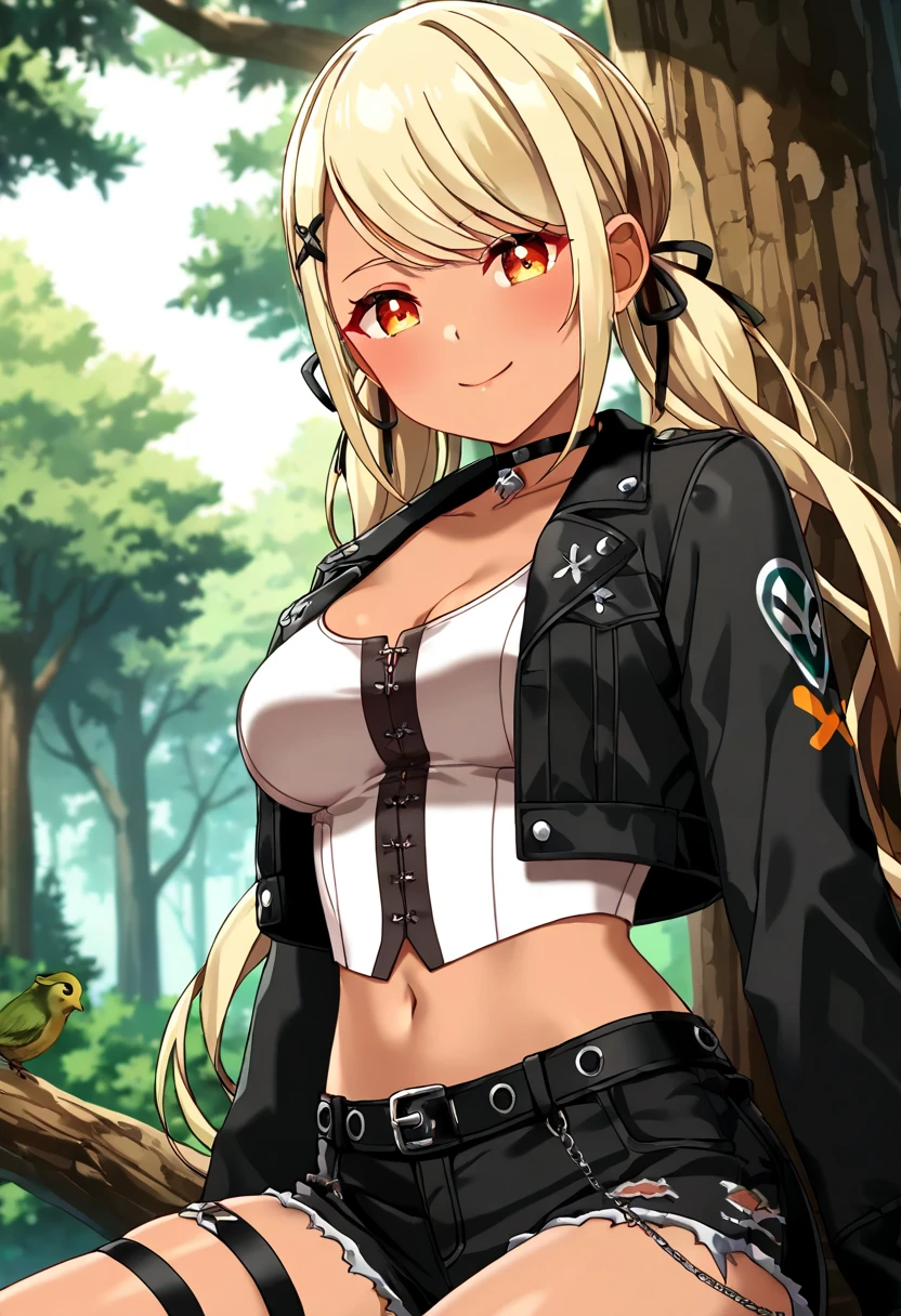 (anime screencap, masterpiece, best quality), Intricate details, indirect lighting, upper body, (Focus on the breasts), looking at viewer, 1girl, medium breasts, BREAK dark skinned female, long hair, low twintail, hair ribbon, hairclip, choker, cropped jacket, black jacket, white shirt, midriff, black shorts, thigh strap, smile,
day on the forest, squat on a tree branch