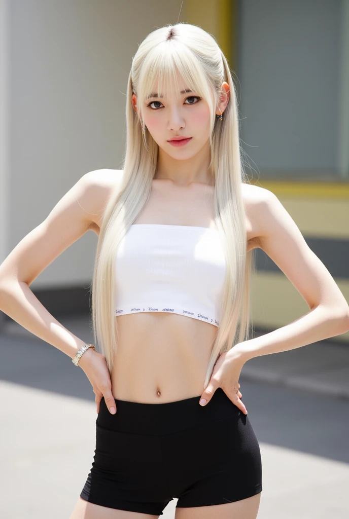 (masterpiece), best quality, expressive eyes, perfect face, black stocking, black tanktop, armpit, little smile , gloves, blonde, armpit, straddle, tight tanktop, big boobs, necklace, earing, punk, rock, emo, long hair