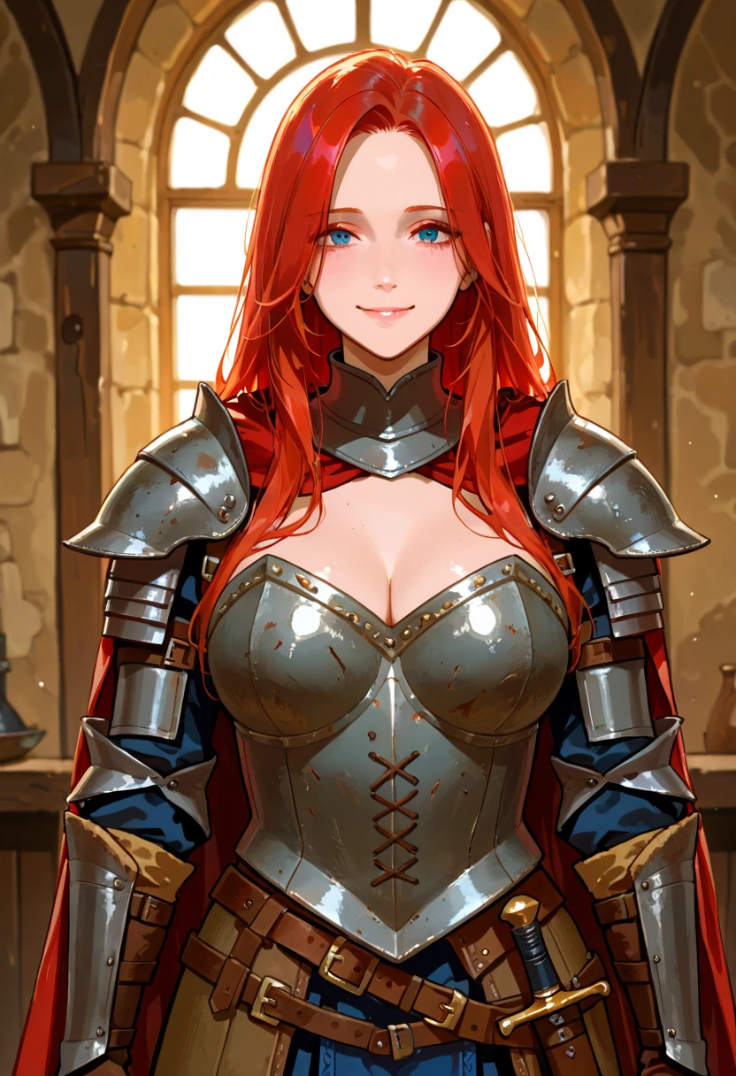 solo,Red hair、((long ponytail:1.8)),(blue armor)、(blue knight armor) ,cleavage、big breasts、green eyes、medieval market、walk、smile、
eat apple、delicious
