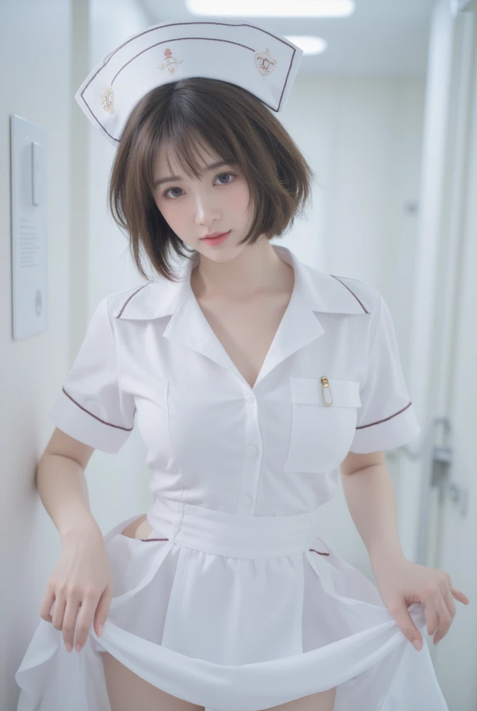 Innocent 14 year old girl,Colossal :1.2,cleavage of the breast:1.2、(pantyshot:1.3) (White nurse uniform:1.5),( White short skirt:1.5),(White nurse cap:1.5),(White Nurse Pump:1.5), (Squatting:1.3)、Angle:1.2、(Hands down:1.5)、The background is a hospital room、Smile,short-cut、Raw photo, (8K、top-quality、masterpiece:1.2)、(intricate detailes:1.4)、(Photorealsitic:1.4)、octane renderings、Complex 3D rendering ultra detail, Studio Soft Light, Rim Lights, vibrant detail, super detailing, realistic skin textures, Detail Face, Beautiful detail eyes, Very detailed CG Unity 16k wallpaper, make - up, (detailedbackground:1.2), shinny skin, Full body,Squat down and bend your knees
