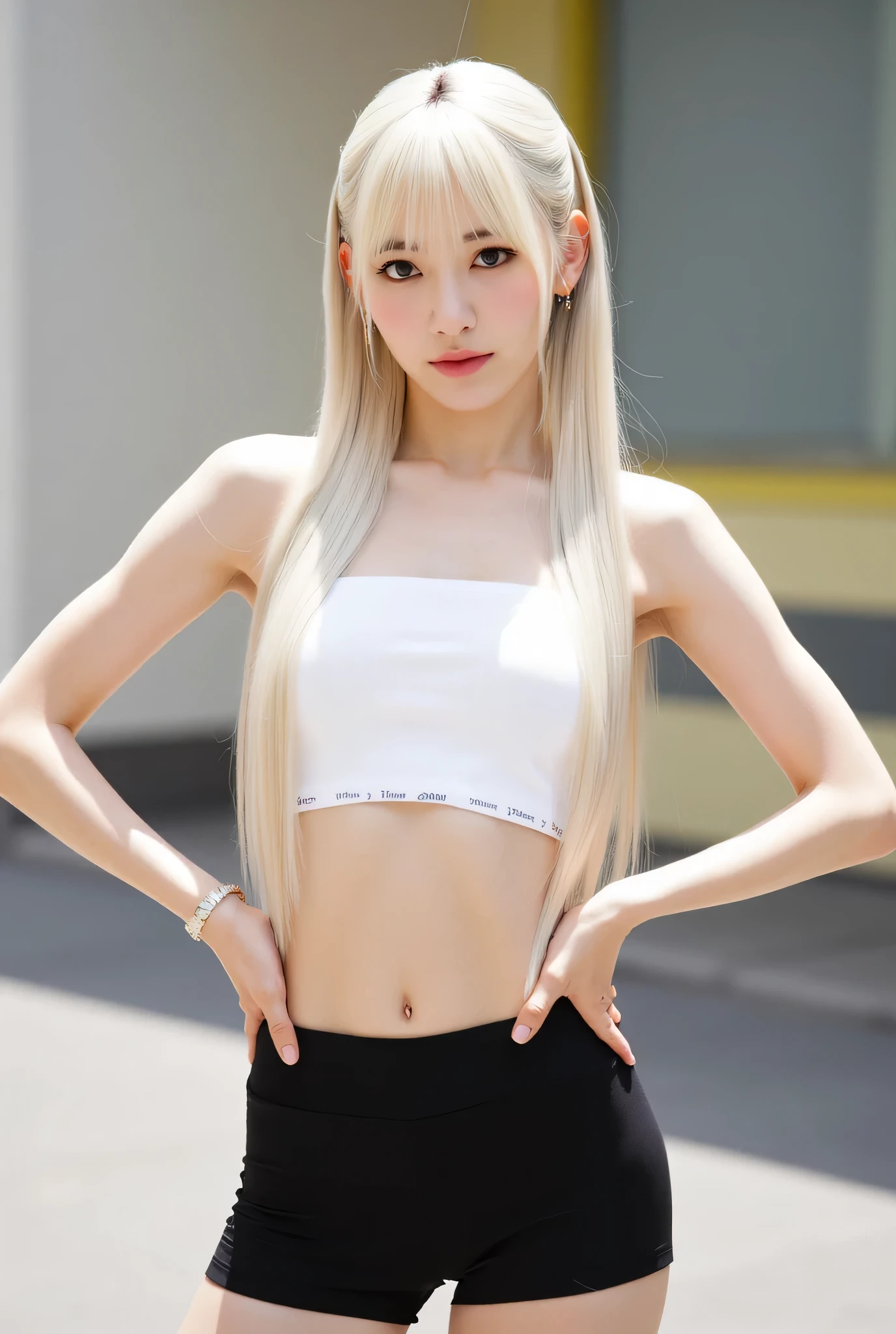 Highest quality, 8K, fashion model photo, ((ivory white short tank top)), ((black running shorts)), belly button visible, ((standing with hands on hips)), strong sense of design, mid shot, girl, (( long platinum blonde hair with bangs), delicate skin, shy smile, simple background, high texture, street corner, sunshine,