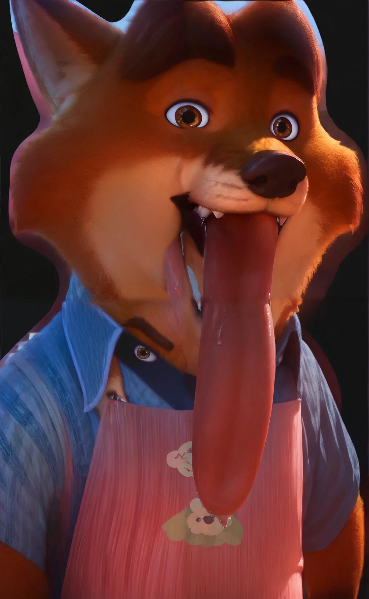 Gideon Grey, Disney animation, 2D, fox ears, looking at viewer, front view, mouth closed, longest tongue out, blep, drooling, smirk, detailed fur, detailed eyes, Raised Eyebrow, Oral Invitation, Male Character Design, High Resolution, Super Detailed, Textured Skin, close up, solo, furry, brown eyes, standing up, outdoors, masterpiece, best quiality, orange fur, dark brown short hair, wearing blue shirt, wearing apron, teeth’s, anatomically correct