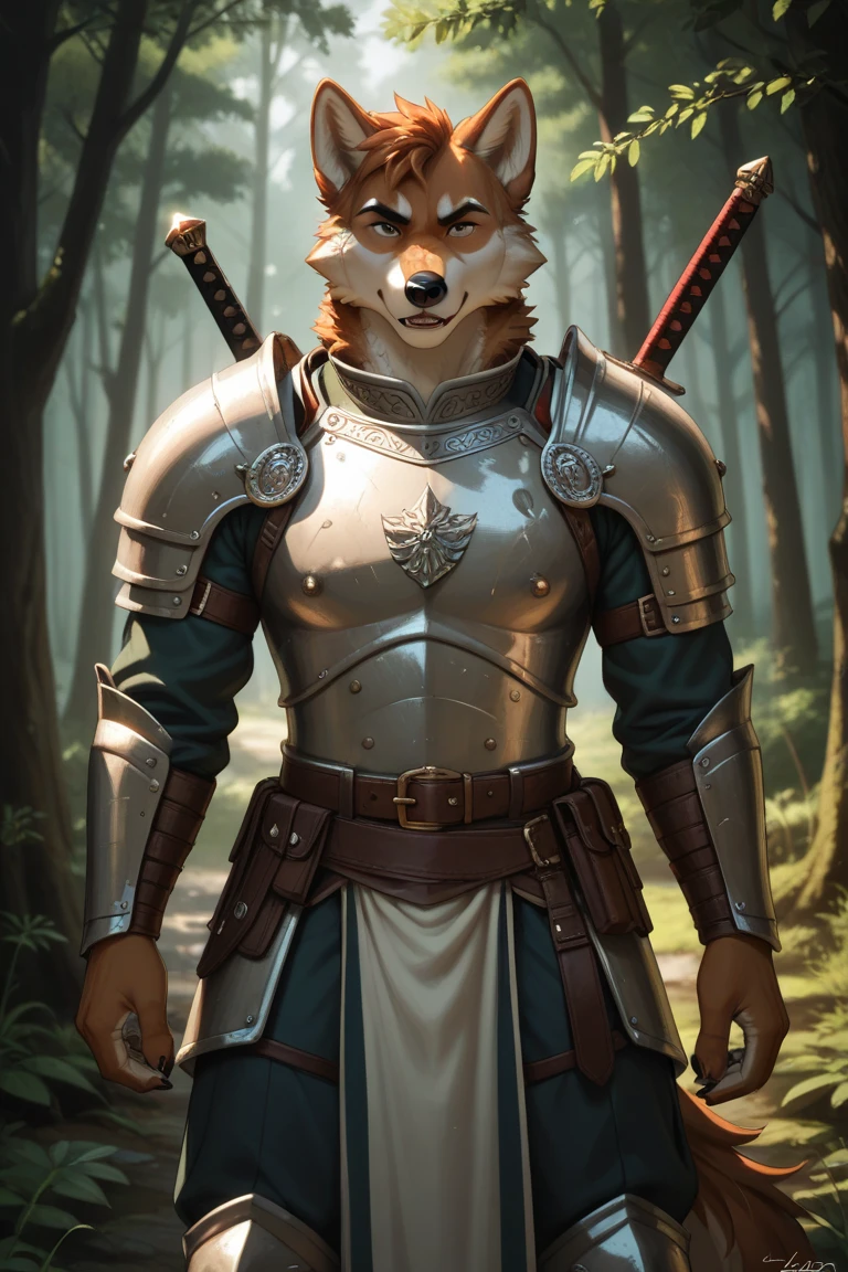 ((best quality)), ((masterpiece)), (detailed), perfect face, wolf, warrior, heroic, presenting, animal genitalia, realistic, 4k, 8k, dog knot, tribal, full body, forest, armor, dog paw hands, visible red dog knot penis