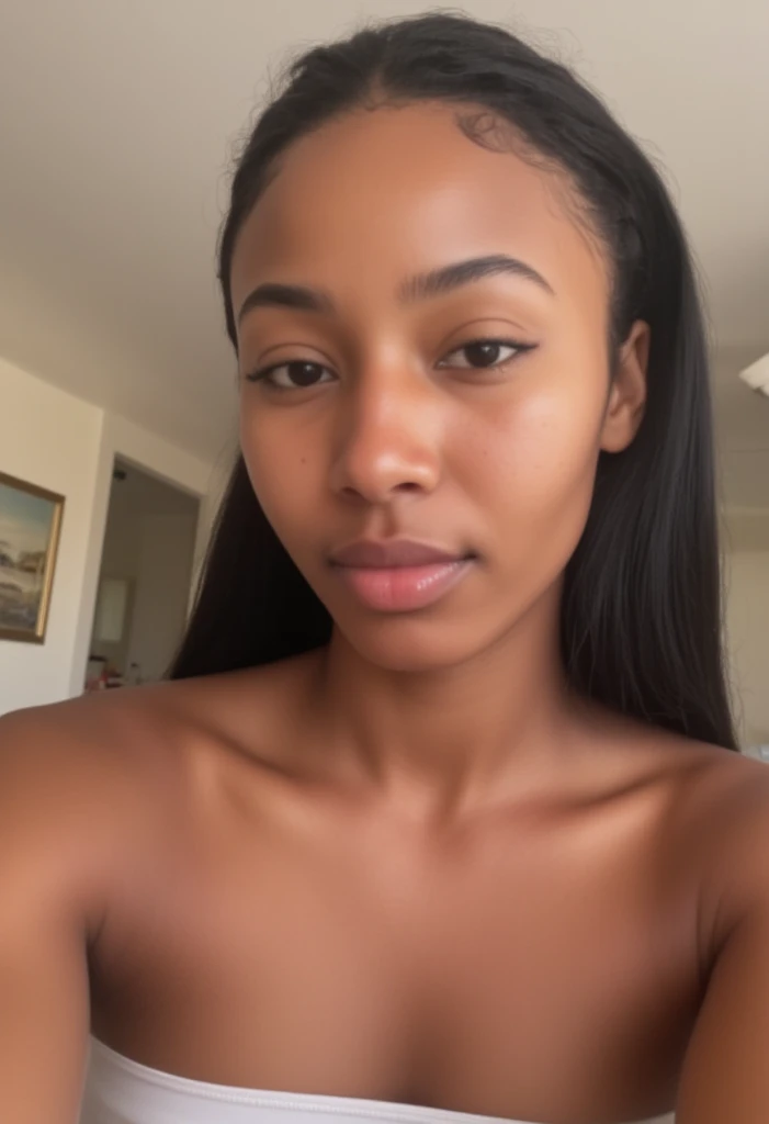 Asha, 1girl, solo, (((Ebony))), (((Dark skin))), (((NSFW))), (((Explicit))), 30 years old, (mature), fully naked, ((((selfie shot)))), close up, nude, smiling, straight long hair