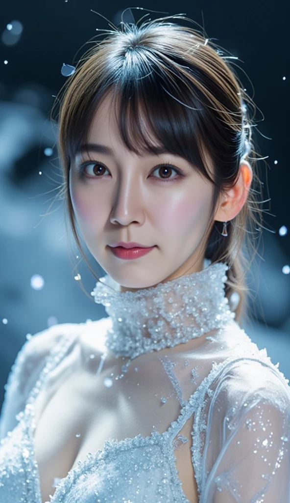 (((8k))),((Extremely meticulous CG)),(wallpaper),16k,((Extremely refined and beautiful)),(((Masterpiece))),(((best qualtiy))),(((Ultra High Resolution))),beautiful light up,Perfect lightning,realistic shaded,[A high resolution],(Smooth and flawless fair skin:1.5),Extremely exquisite facial details,(perfect body:1.1),ultra - detailed,A beautiful girl,small head,((very short ponytail)),small face,Exquisite makeup,clear face,(pale skin:1.3),(huge breasts:1.1),towering chests,slim,thin,happy Smile,(white fur jacket:1.3),thighs,slender bare legs,white boots,(Standing in the aquarium:1.2),Dark light,(detailed background:1.5),(from front:1.3),(upper body:1.3),Epic fantasy concept, Modern transparent building at night，It  a huge aquarium containing marine life, Nice colorful light decoration, Wide shot, 8k Octane rendering, Photorealistic, Cinematic lighting, detailed building, Detailed fishes