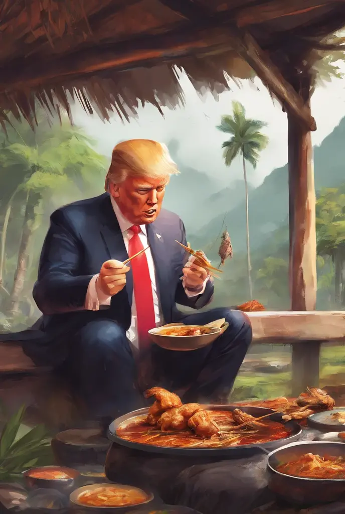 Donald trump wearing traditional malay attire eating chicken satay in malay village,
