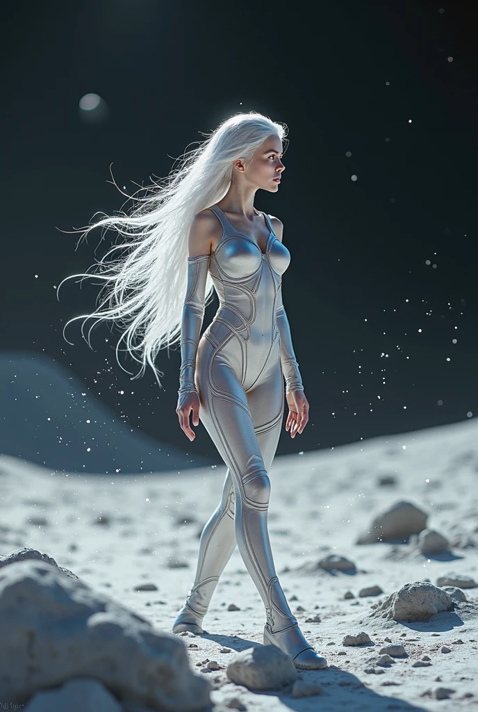 Skinny naked tall. Floating in the vastness of space in the galaxy. full-length naked. Silver hair
