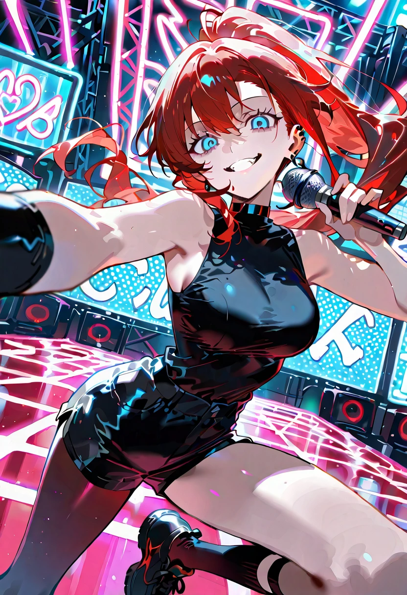 score_9, score_8_up, score_7_up, source_anime, 1girl, blue eyes, earrings, long hair, red hair, solo, parted lips, looking down, ponytail, black choker, black shorts, sleeveless turtleneck, mismatching socks, crazy smile, looking at viewer, ((holding a mic)), (masterpiece, concert stage background, neon lights, dynamic angle, dynamic pose)