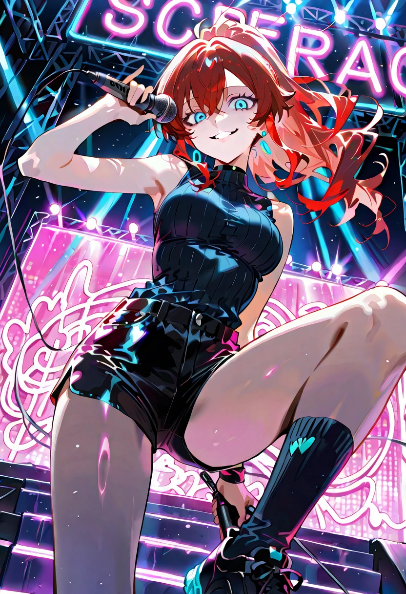 score_9, score_8_up, score_7_up, source_anime, 1girl, blue eyes, earrings, long hair, red hair, solo, parted lips, looking down, ponytail, black choker, black shorts, sleeveless turtleneck, mismatching socks, crazy smile, looking at viewer, ((holding a mic)), (masterpiece, concert stage background, neon lights, dynamic angle, dynamic pose)