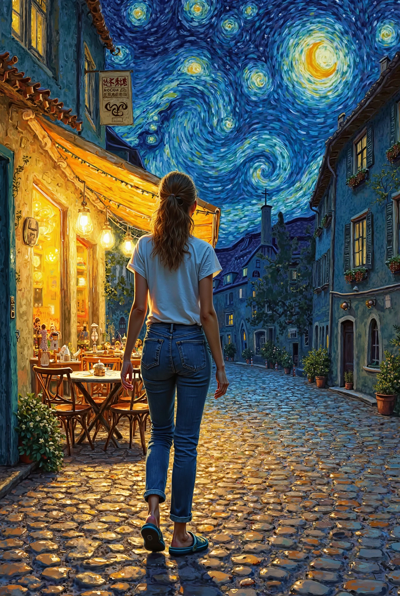 Painting of a woman walking down a cobblestone street at night - SeaArt AI