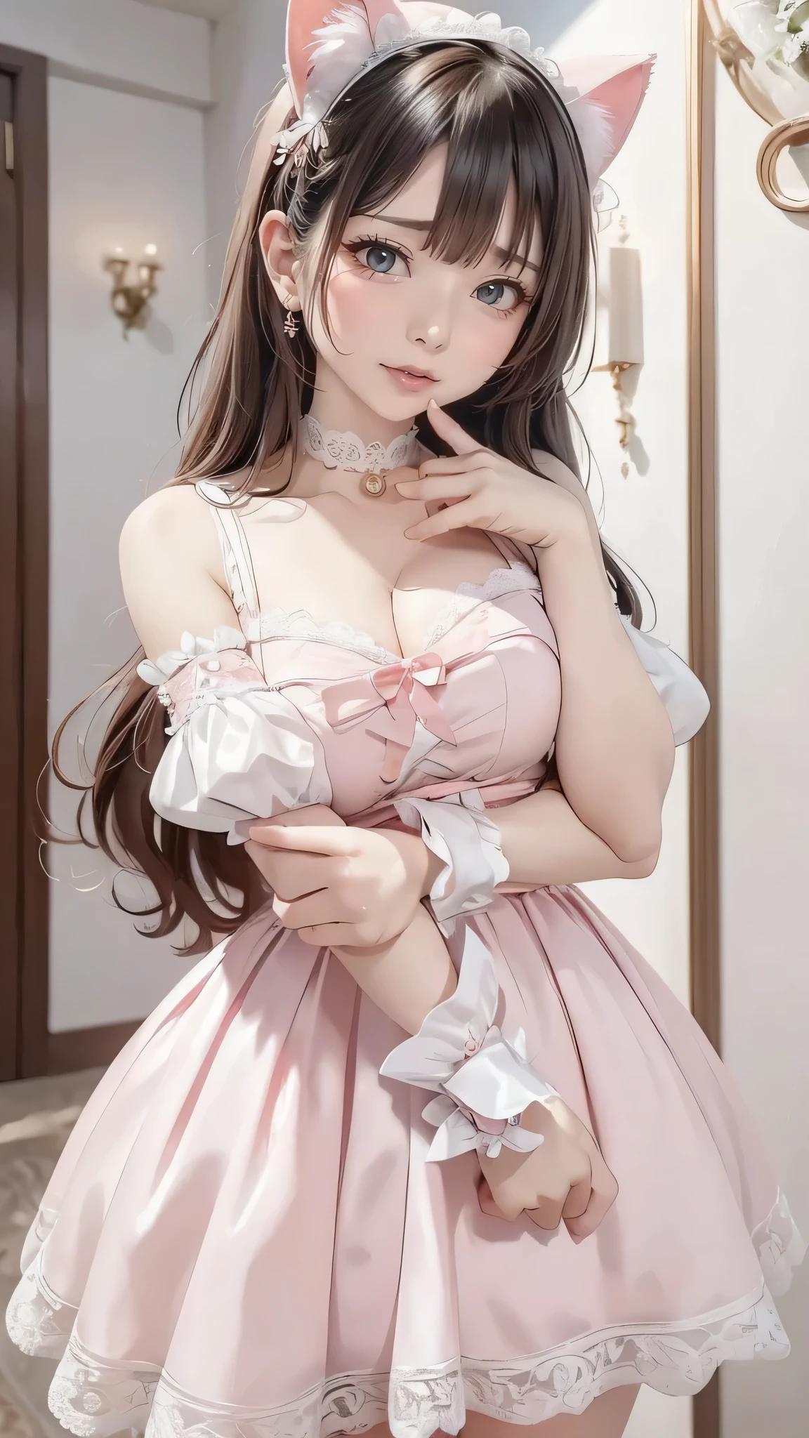 4K, masterpiece, high resolution, Complex 3D rendering of ultra-detailed beautiful porcelain contoured female face,Vivid details,(high resolution),Ultra Detail,Vivid details,(8K,original photo),(the best品质),(masterpiece),(((Full and soft breasts,)))(((Large Breasts))) (((Cleavage)))(the best质量、masterpiece、8K、Best image quality、Surrealism、Award-winning works)、1 lovely Lolita princess、(Solitary:1.1)、(1 photo:1.1)、(Cute and high-end light pink Lolita princess dress that is full of girlishness:1.2)、(There is a cute big ribbon on the chest:1.1)、(Most luxurious的巨型公主头饰:1.1)、(Huge jewels:1.1)、(Most luxurious最精致的巨大公主珠宝项链:1.1)、(Top Lolita Princess Dress,Decorated with delicate jewellery details:1.2)、(Most luxurious的洛丽塔公主裙,With cute ruffles and ribbons:1.1)、(Most luxurious的洛丽塔公主裙,Lovely lace decoration:1.1)、(Cute girl Lolita wavy hair:1.1)、(the best, most beautiful、The most dazzling chandelier:1.1)、(Tyndall effect:1.1)、Epic Lighting、(Low length:1.1)、(high: 140cm:1.1)、(Very large breasts:1.2)、(cleveage:1.1)、(Cute heart symbol:1.1)、Lots of cute decorations、Emphasize body lines、slim body、Stand gracefully、(Most luxuriousMost luxurious的粉色洛丽塔公主房间背景:1.1)、(Exquisite pink and gold Lolita princess room:1.1)、(Most luxurious、The girliest princess room:1.2)、(The most gorgeous pink Lolita princess room:1.2)、(Very bright and vivid:1.4)、(Bright and shiny dress:1.1)、(Very bright:1.1)、(Most luxurious、The most gorgeous decoration, Luxury Wall:1.1)、A girl stands gracefully、Accurate anatomy、Perfect makeup、Long eyelashes、Glossy lips、Ultra HD Glow Skin、(Ultra-high definition bright skin:1.3)、超高精細のGlossy lips、Ultra-high definition teeth beauty