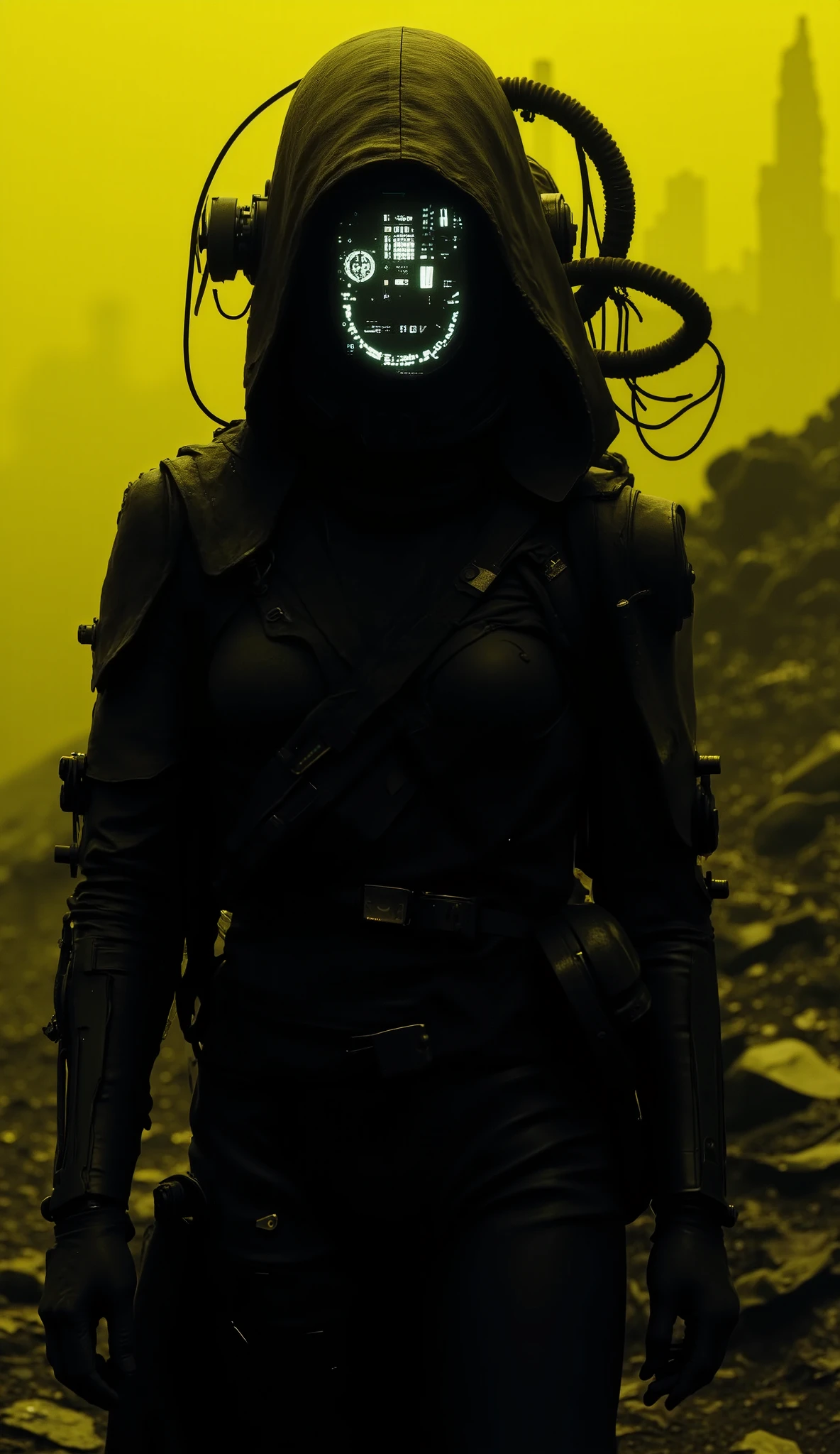 a cyber information scout dressed in dark mechanical armor, equipped with advanced visual devices that cover the face with a glowing display - an ascii art smiley face is visible on the screen. The bleaked yellow and black background accentuates the silhouette of the scout, with detailed gear and wires extending from the armor, blending seamlessly with the surrounding. The overall style exudes a futuristic and tech-driven atmosphere.apoclypse